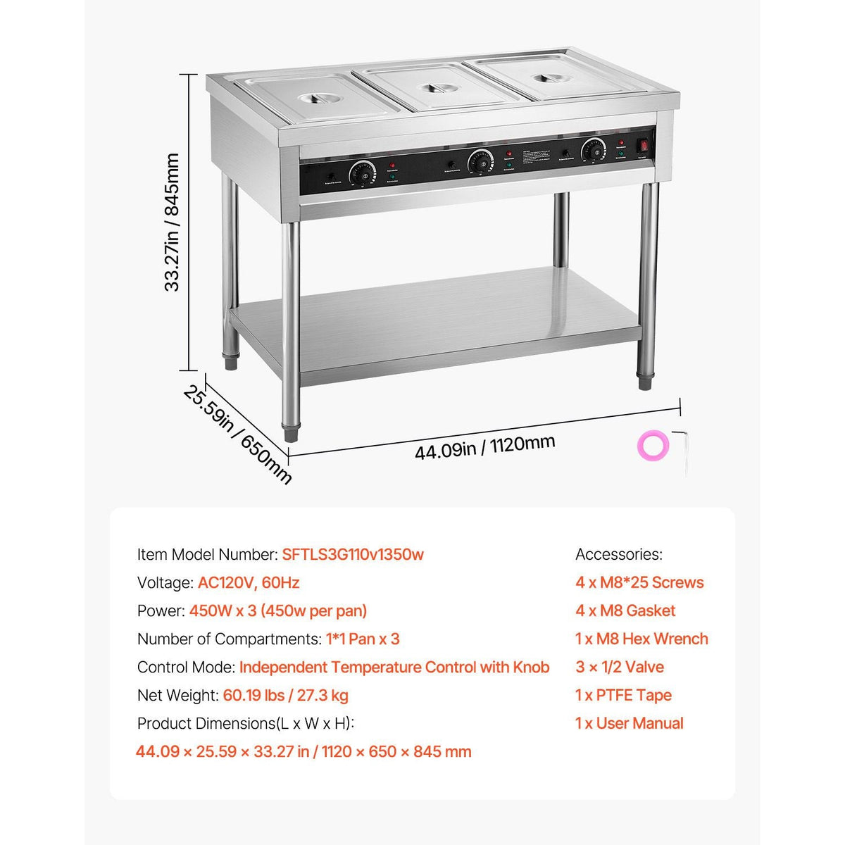 3-Pan Commercial Food Warmer, Electric Steam Table with Independent Temperature Control, 450W x 3 Stainless Steel Buffet Catering Food Warmer with Undershelf, for Restaurant Party