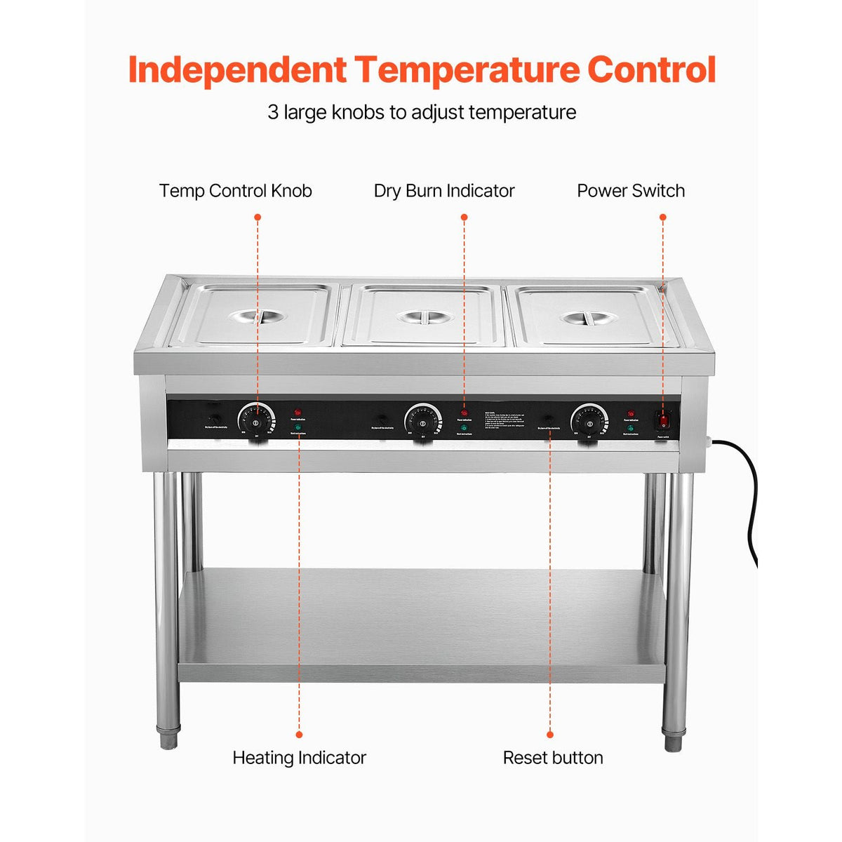 3-Pan Commercial Food Warmer, Electric Steam Table with Independent Temperature Control, 450W x 3 Stainless Steel Buffet Catering Food Warmer with Undershelf, for Restaurant Party