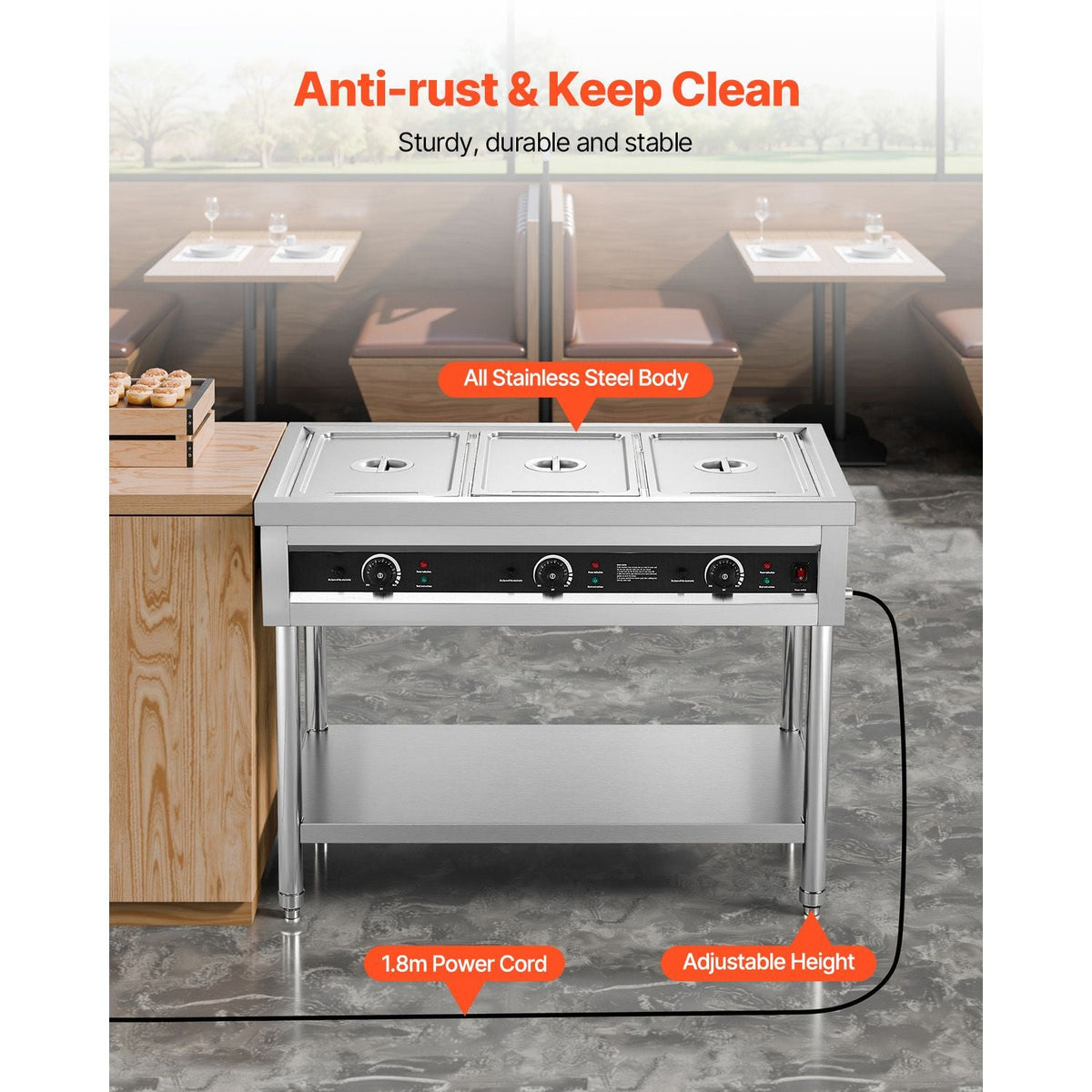 3-Pan Commercial Food Warmer, Electric Steam Table with Independent Temperature Control, 450W x 3 Stainless Steel Buffet Catering Food Warmer with Undershelf, for Restaurant Party