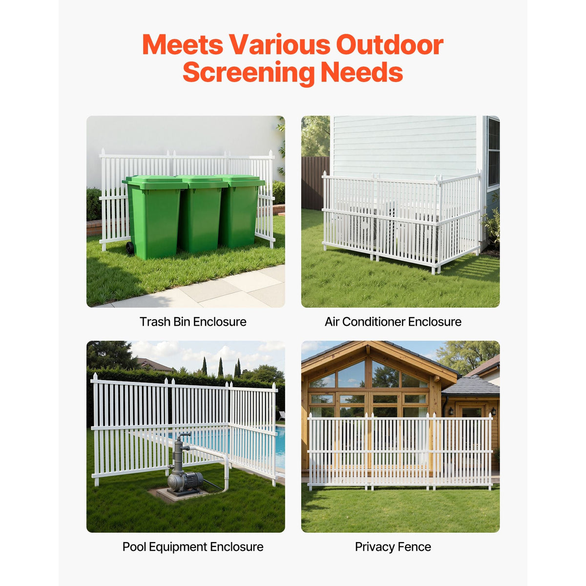3 Panels Outdoor Privacy Screen, 36 x 45 in Air Conditioner Fence with 19.7 in Ground Stakes, Pool Equipment Enclosure, Strip Vinyl Privacy Fence, Ideal for Trash Can and A/C Units, White