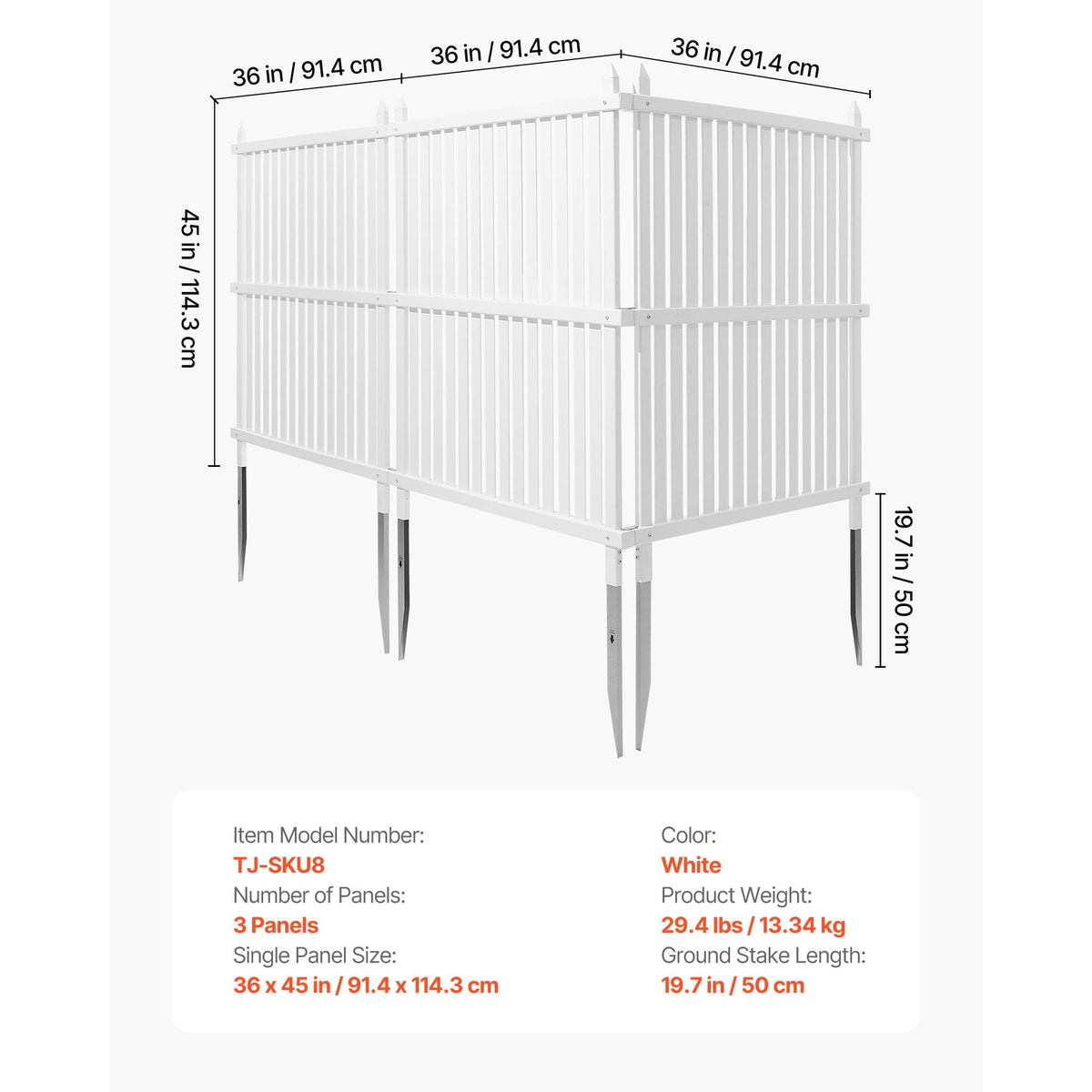 3 Panels Outdoor Privacy Screen, 36 x 45 in Air Conditioner Fence with 19.7 in Ground Stakes, Pool Equipment Enclosure, Strip Vinyl Privacy Fence, Ideal for Trash Can and A/C Units, White