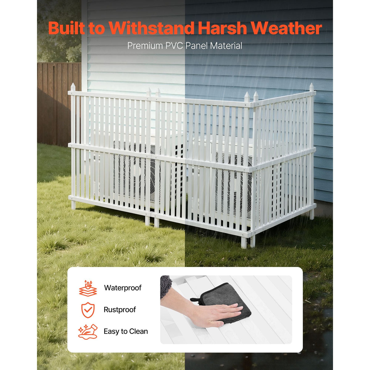 3 Panels Outdoor Privacy Screen, 36 x 45 in Air Conditioner Fence with 19.7 in Ground Stakes, Pool Equipment Enclosure, Strip Vinyl Privacy Fence, Ideal for Trash Can and A/C Units, White