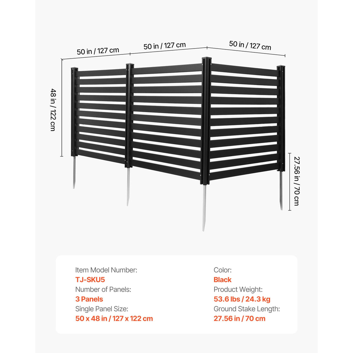 3 Panels Outdoor Privacy Screen, 50 x 48 in Air Conditioner Fence with 27.6 in Ground Stakes, Pool Equipment Enclosure, Vinyl Privacy Fence, Ideal for Trash Can and A/C Units, Black