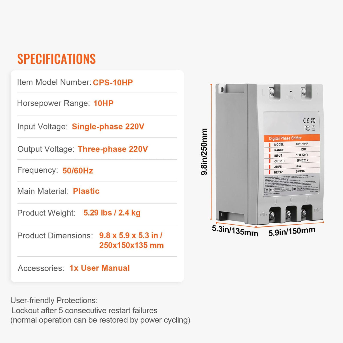 3 Phase Converter - 10HP 30A 220V Single Phase to 3 Phase Converter, Digital Phase Shifter for Residential and Light Commercial Use, 220V Input/Output (One Converter for One Motor Only)