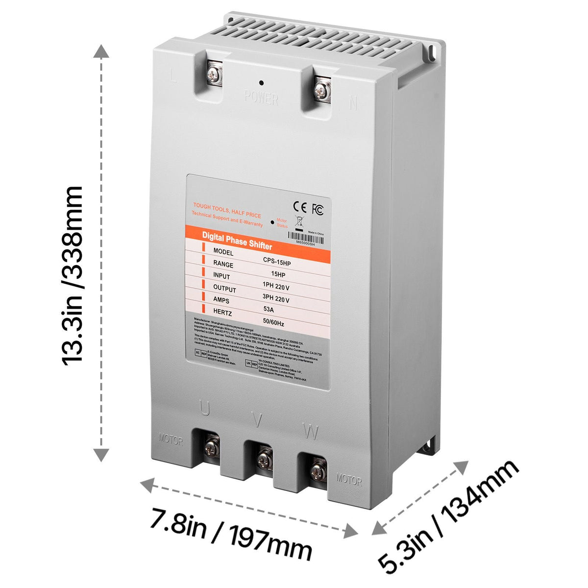3 Phase Converter - 15HP 53A 220V Single Phase to 3 Phase Converter, 220V Input/Output, Digital Phase Shifter for Residential & Light Commercial Use (One Converter for One Motor Only)