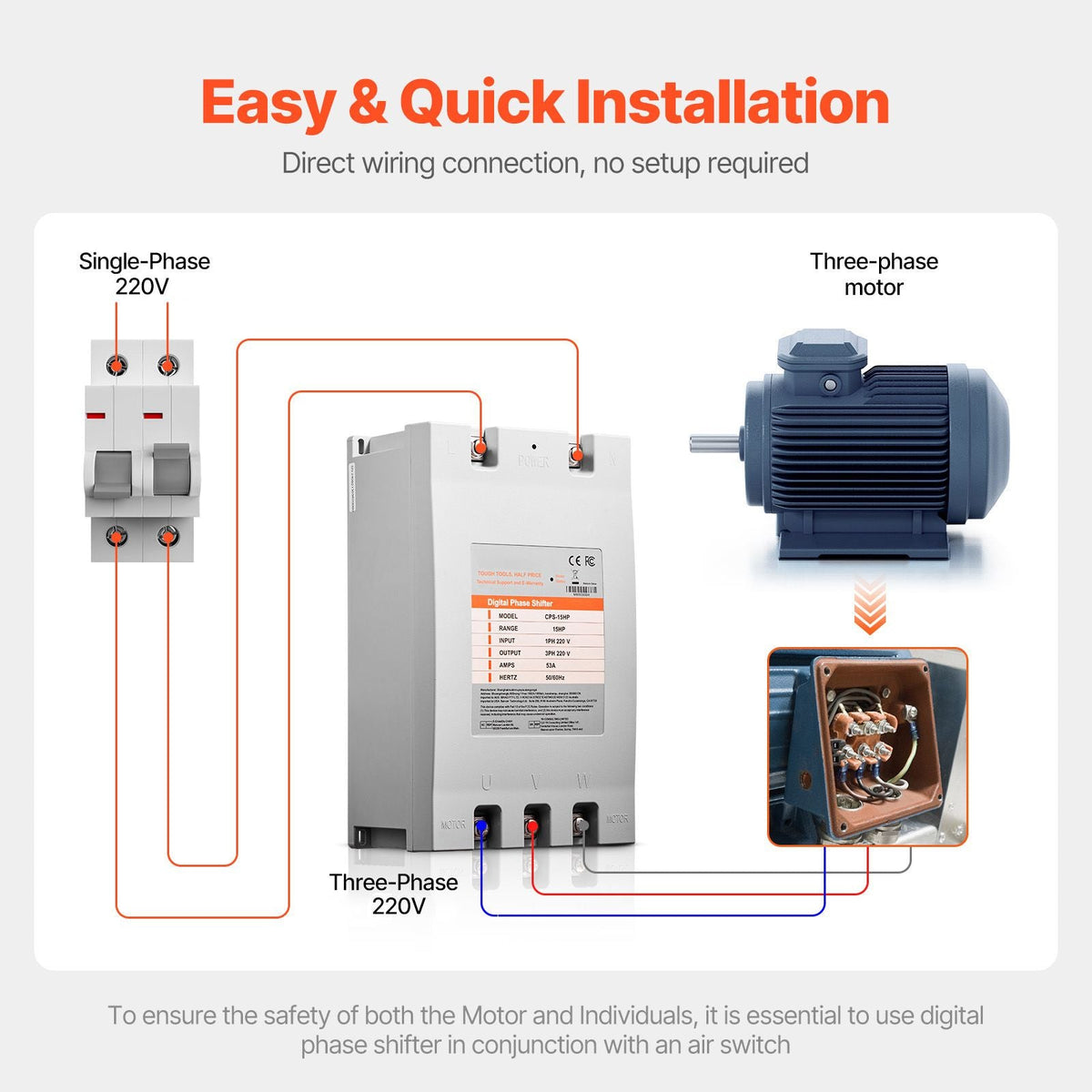 3 Phase Converter - 15HP 53A 220V Single Phase to 3 Phase Converter, 220V Input/Output, Digital Phase Shifter for Residential & Light Commercial Use (One Converter for One Motor Only)