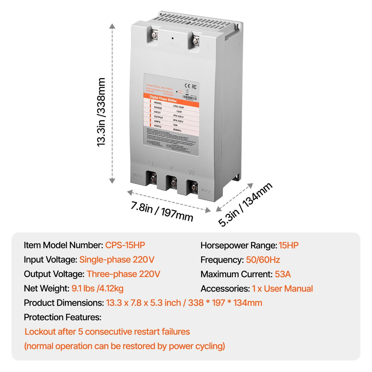 3 Phase Converter - 15HP 53A 220V Single Phase to 3 Phase Converter, 220V Input/Output, Digital Phase Shifter for Residential & Light Commercial Use (One Converter for One Motor Only)