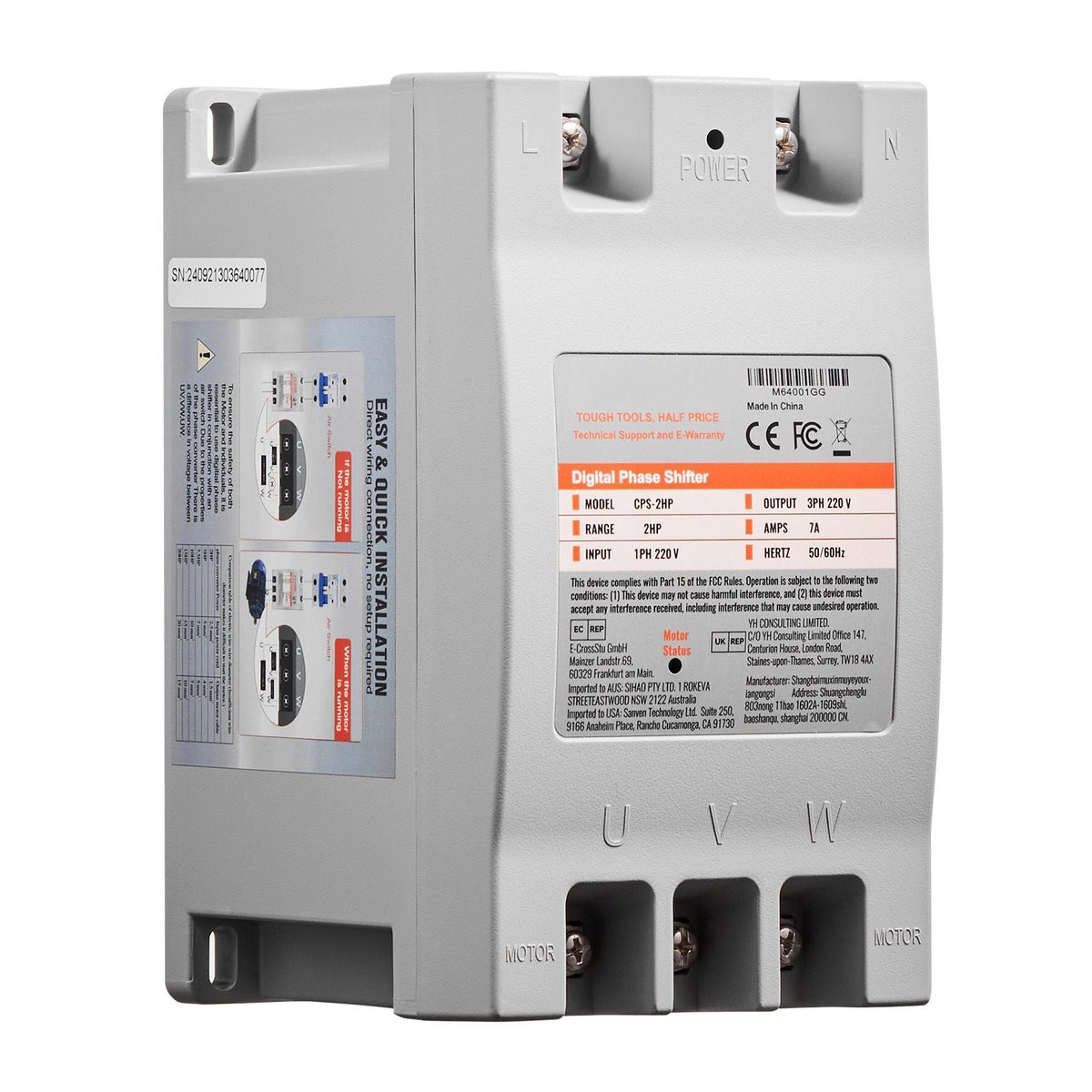 3 Phase Converter - 2HP 7A 220V Single Phase to 3 Phase Converter, 220V Input/Output, Digital Phase Shifter for Residential & Light Commercial Use (One Converter for One Motor Only)
