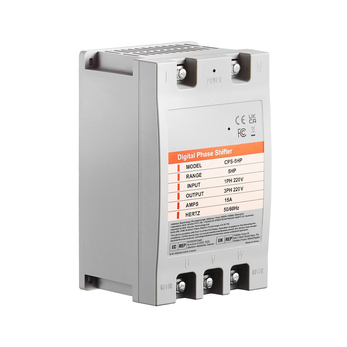3 Phase Converter - 5HP 15A 220V Single Phase to 3 Phase Converter, Digital Phase Shifter for Residential and Light Commercial Use, 220V Input/Output (One Converter for One Motor Only)
