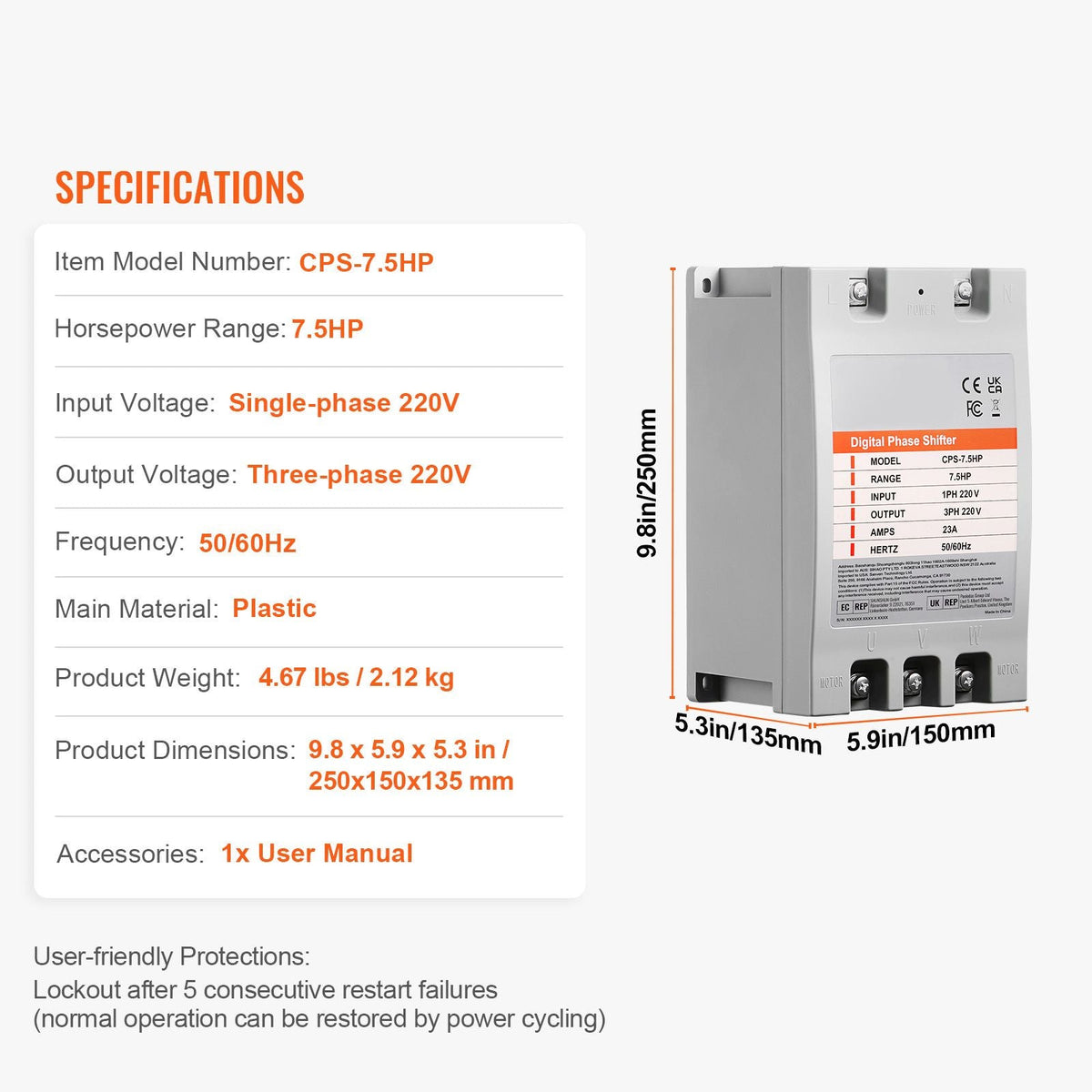 3 Phase Converter- 7.5HP 23A 220V Single Phase to 3 Phase Converter, Digital Phase Shifter for Residential & Light Commercial Use, 220V Input/Output (One DPS Must Be Used on One Motor Only)