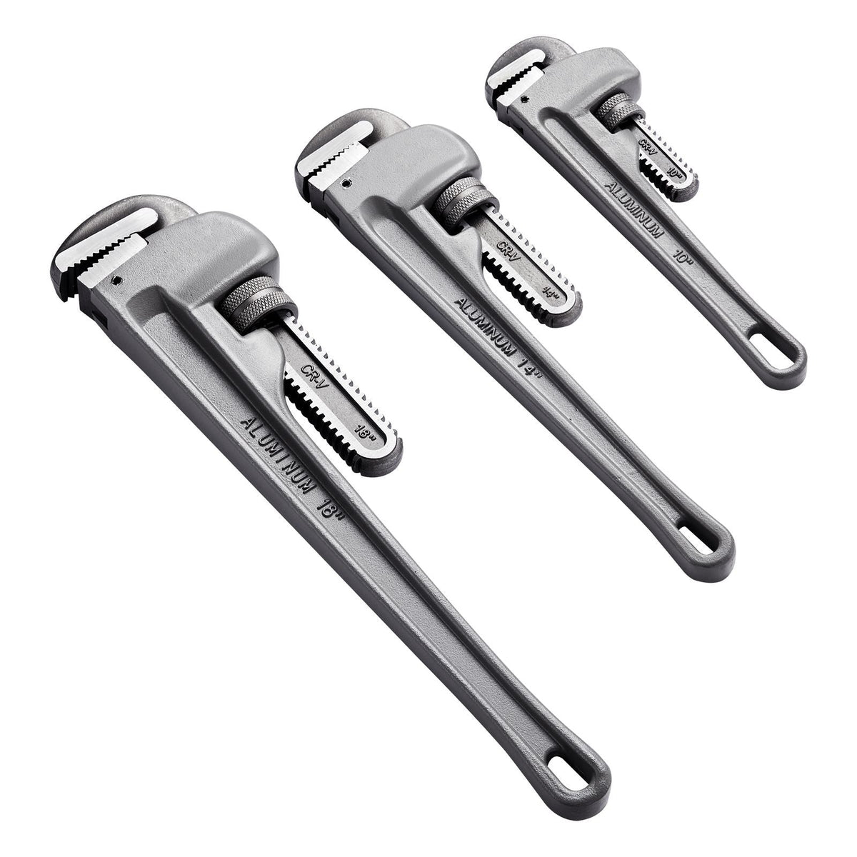 3-Piece Pipe Wrench Set, 10" 14" 18" Aluminum Straight Pipe Wrench, Adjustable Plumbing Wrench, with High Strength Jaw and Ergonomic Handle, Hangable Design, for Water Pipes, Automotive Repairs