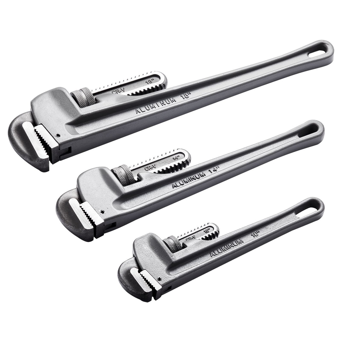 3-Piece Pipe Wrench Set, 10" 14" 18" Aluminum Straight Pipe Wrench, Adjustable Plumbing Wrench, with High Strength Jaw and Ergonomic Handle, Hangable Design, for Water Pipes, Automotive Repairs