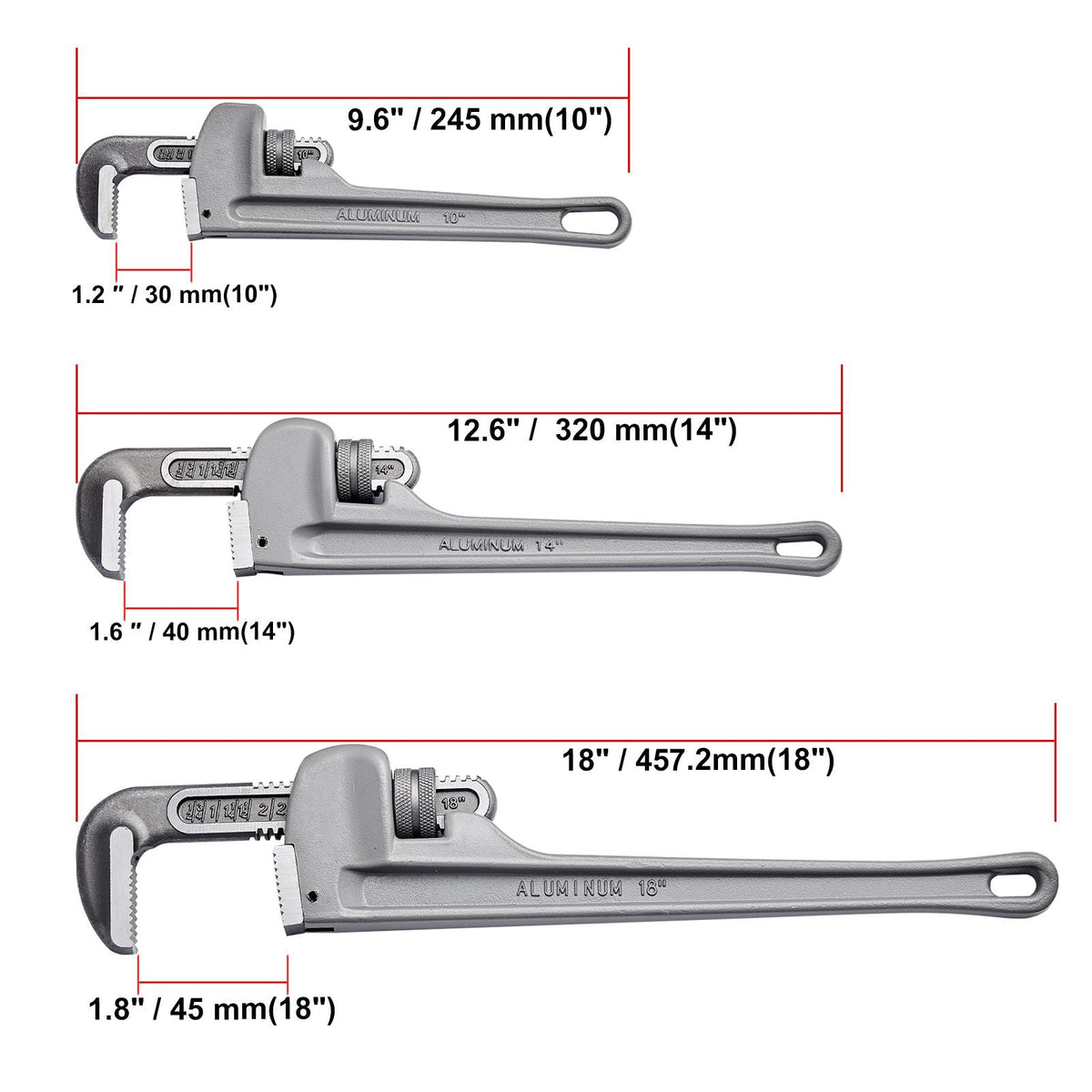 3-Piece Pipe Wrench Set, 10" 14" 18" Aluminum Straight Pipe Wrench, Adjustable Plumbing Wrench, with High Strength Jaw and Ergonomic Handle, Hangable Design, for Water Pipes, Automotive Repairs