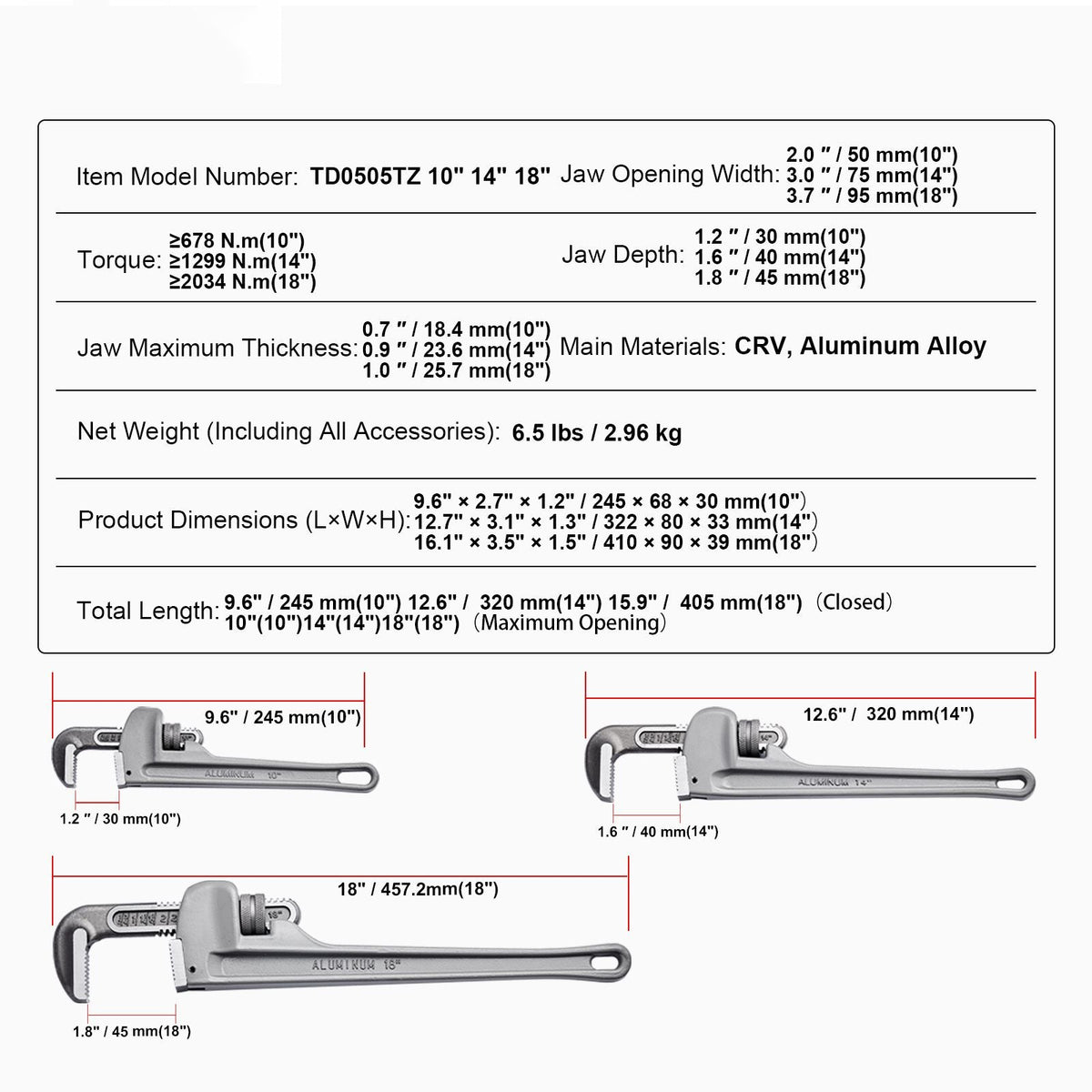 3-Piece Pipe Wrench Set, 10" 14" 18" Aluminum Straight Pipe Wrench, Adjustable Plumbing Wrench, with High Strength Jaw and Ergonomic Handle, Hangable Design, for Water Pipes, Automotive Repairs