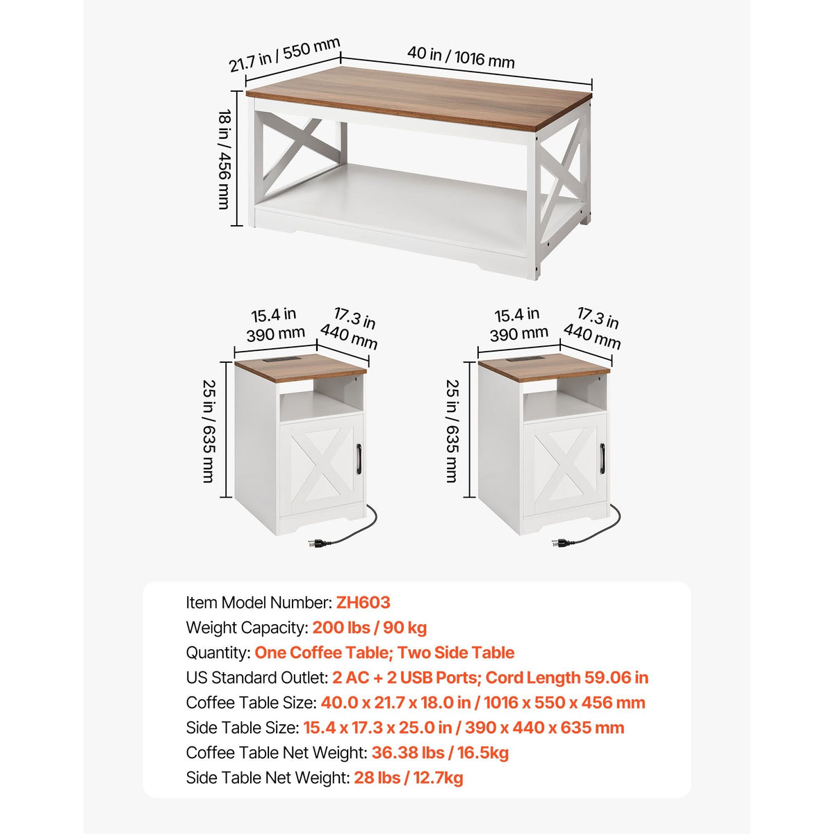 3 Pieces Farmhouse Coffee Table Sets, 40 in Industrial Coffee Table with 2 End Side Tables, Easy Assembly Coffee and End Tables Sets with Charging Station, for Office, Living Room & Apartment