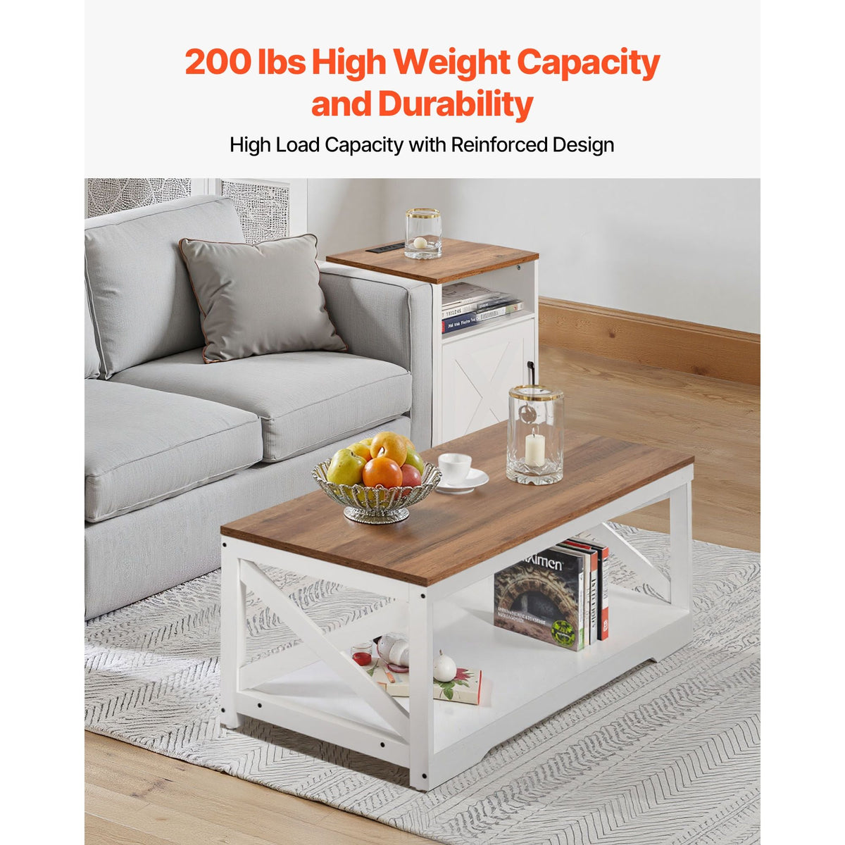 3 Pieces Farmhouse Coffee Table Sets, 40 in Industrial Coffee Table with 2 End Side Tables, Easy Assembly Coffee and End Tables Sets with Charging Station, for Office, Living Room & Apartment