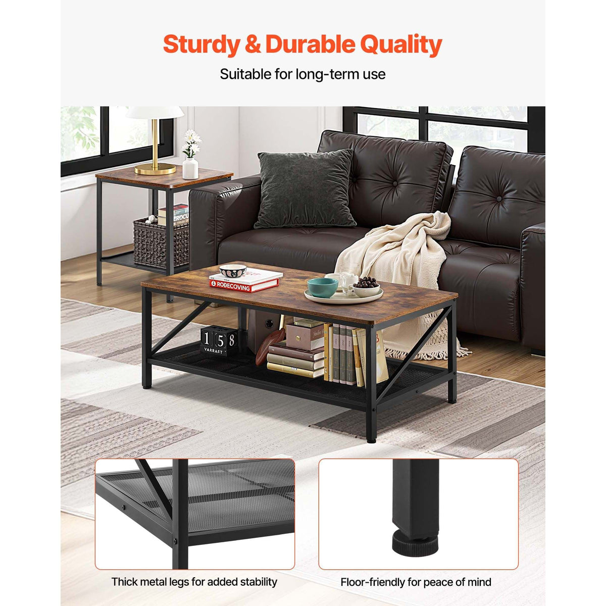 3 Pieces Living Room Table Sets, 41.3 in Industrial Coffee Table with 2 Square End Side Tables, Easy Assembly Coffee and End Tables Sets with Metal Legs, for Office, Living Room & Apartment