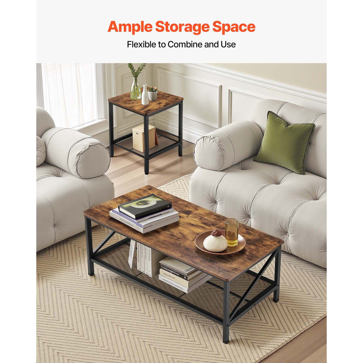 3 Pieces Living Room Table Sets, 41.3 in Industrial Coffee Table with 2 Square End Side Tables, Easy Assembly Coffee and End Tables Sets with Metal Legs, for Office, Living Room & Apartment