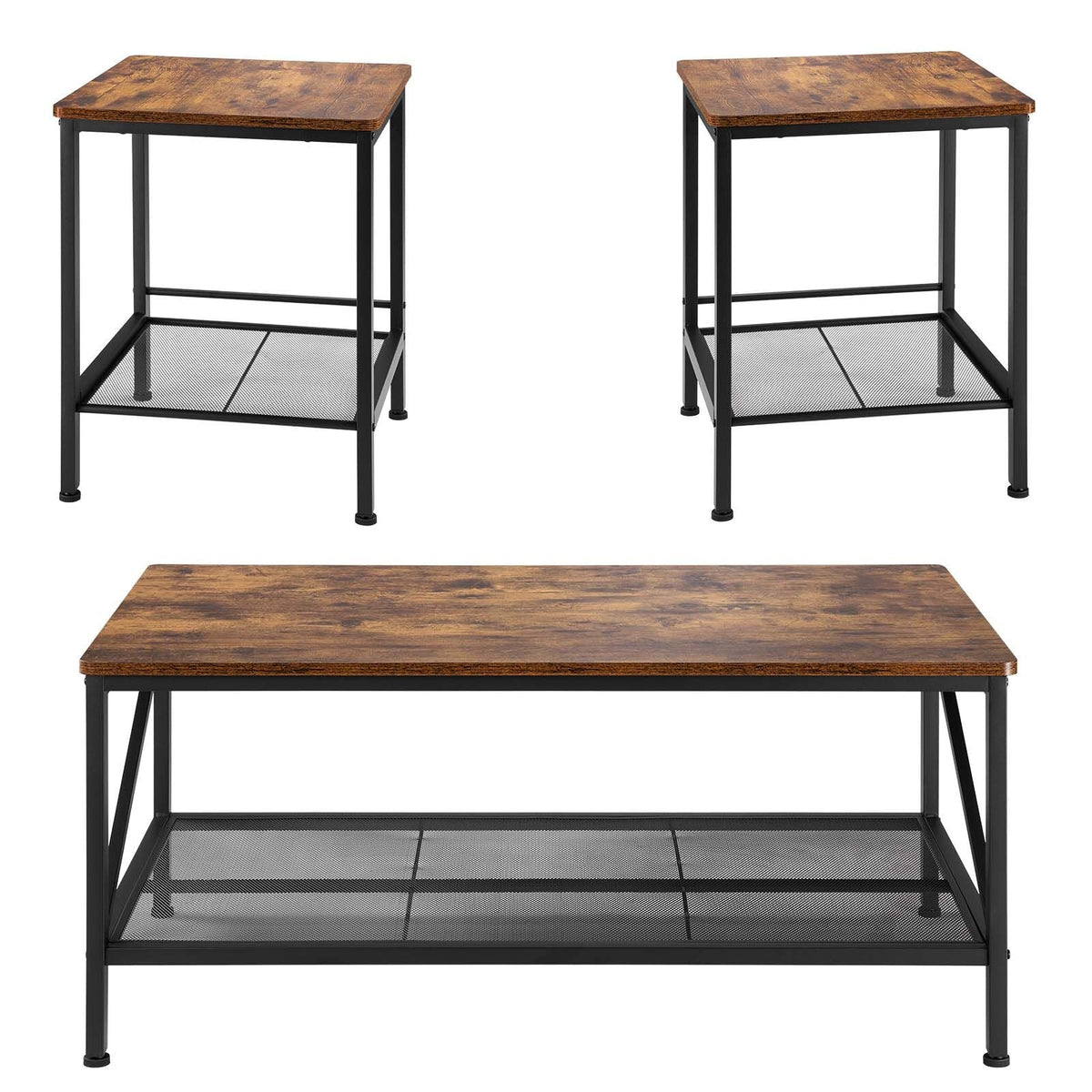 3 Pieces Living Room Table Sets, 41.3 in Industrial Coffee Table with 2 Square End Side Tables, Easy Assembly Coffee and End Tables Sets with Metal Legs, for Office, Living Room & Apartment