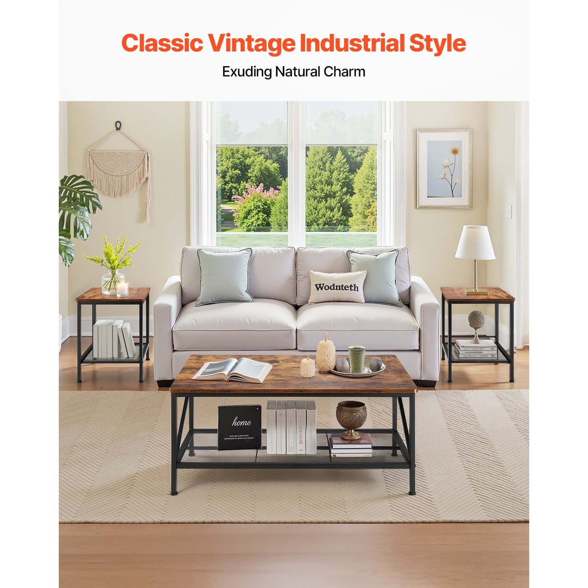 3 Pieces Living Room Table Sets, 41.3 in Industrial Coffee Table with 2 Square End Side Tables, Easy Assembly Coffee and End Tables Sets with Metal Legs, for Office, Living Room & Apartment