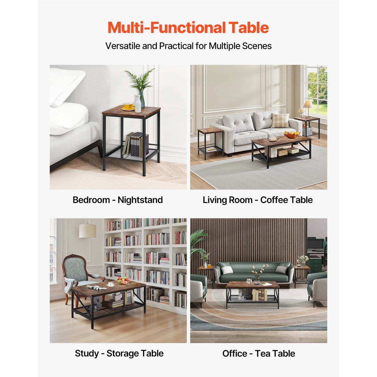 3 Pieces Living Room Table Sets, 41.3 in Industrial Coffee Table with 2 Square End Side Tables, Easy Assembly Coffee and End Tables Sets with Metal Legs, for Office, Living Room & Apartment