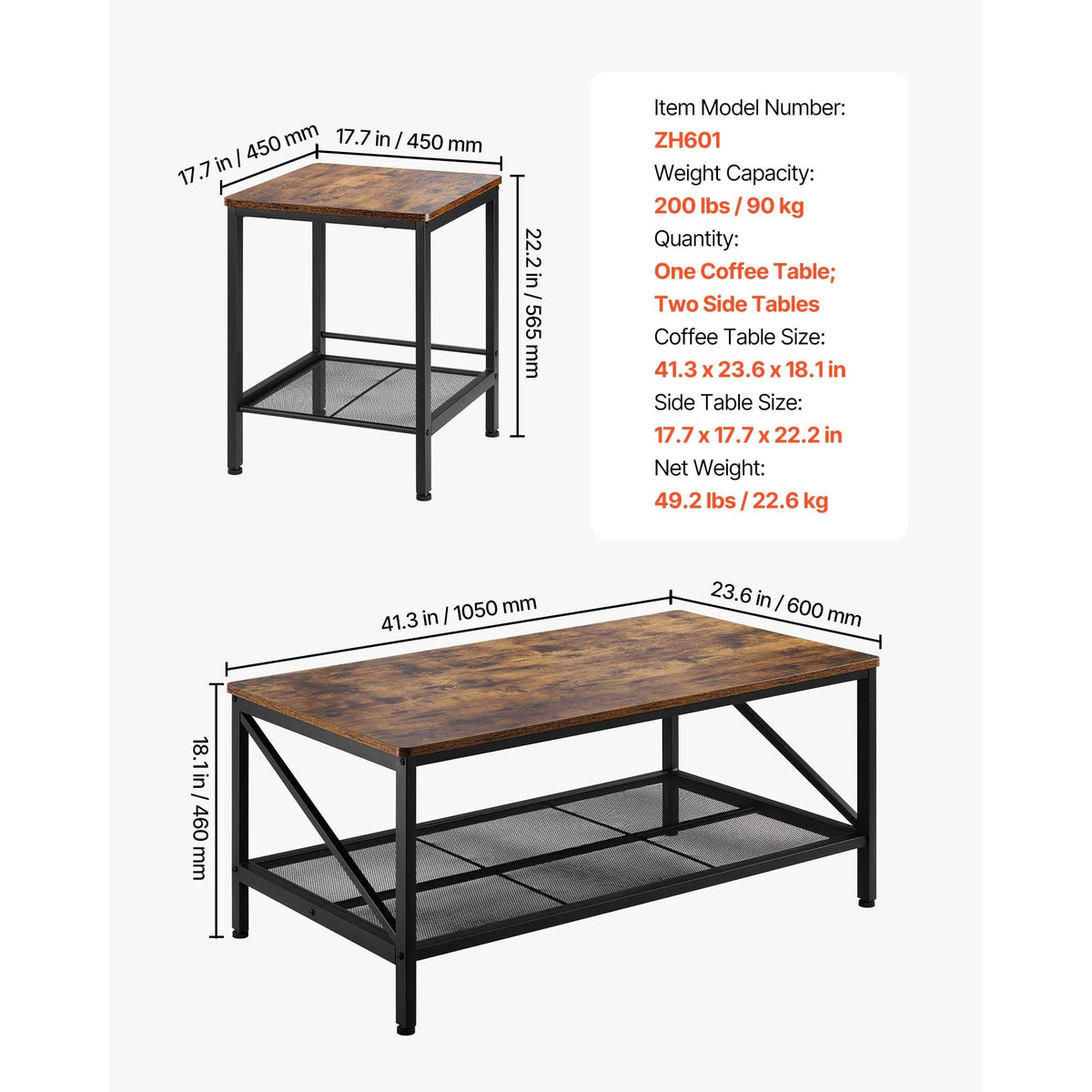 3 Pieces Living Room Table Sets, 41.3 in Industrial Coffee Table with 2 Square End Side Tables, Easy Assembly Coffee and End Tables Sets with Metal Legs, for Office, Living Room & Apartment