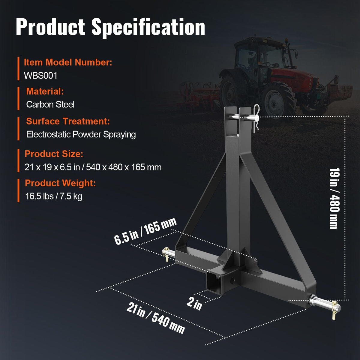 3 Point Hitch Receiver, 3 Point 2" Receiver Trailer Hitch Category 1 Tractor Tow Drawbar Adapter with Pins, Compatible with Kubota, Mahindra, Ford, Yanmar, John Deere, Massey Ferguson