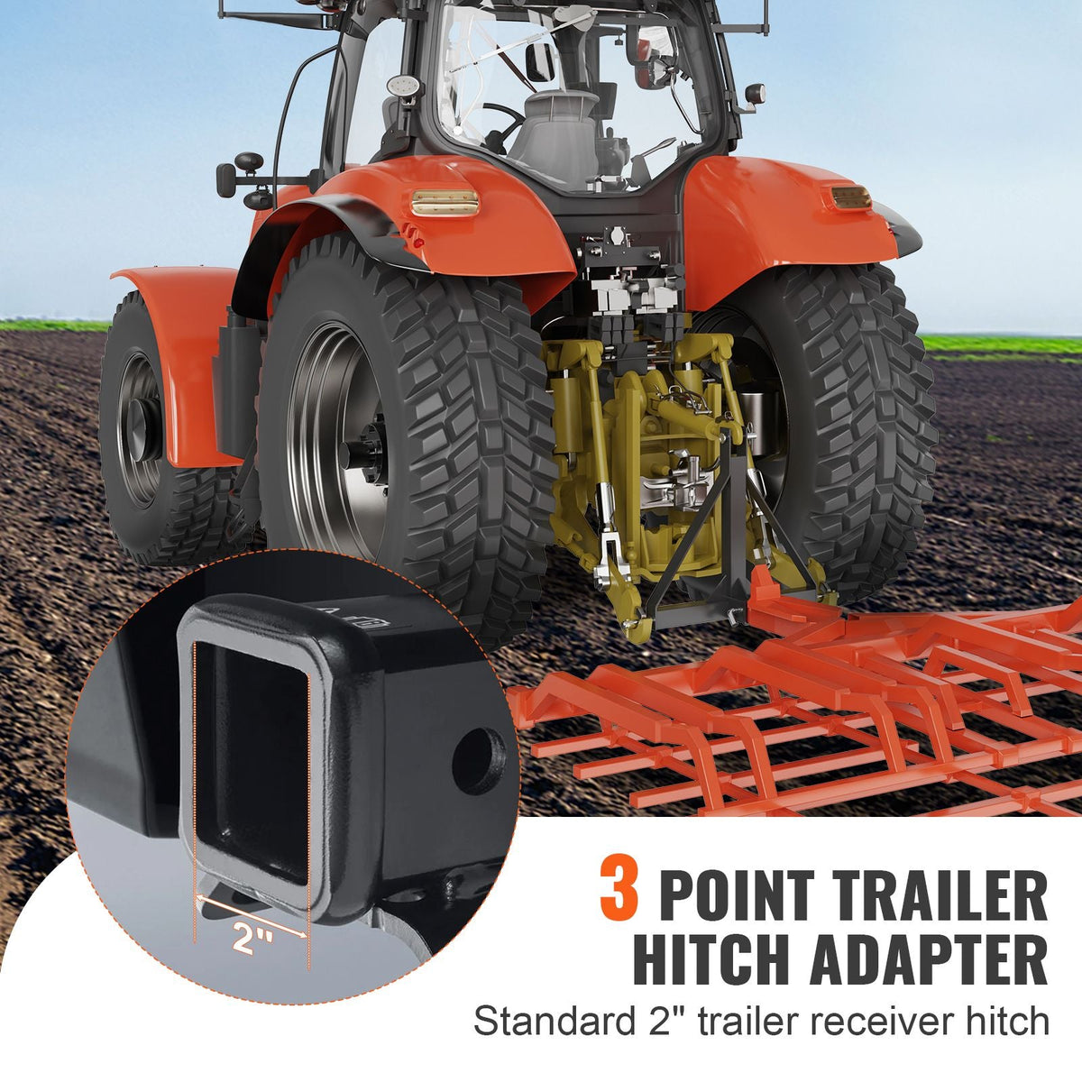 3 Point Hitch Receiver, 3 Point 2" Receiver Trailer Hitch Category 1 Tractor Tow Drawbar Adapter with Pins, Compatible with Kubota, Mahindra, Ford, Yanmar, John Deere, Massey Ferguson