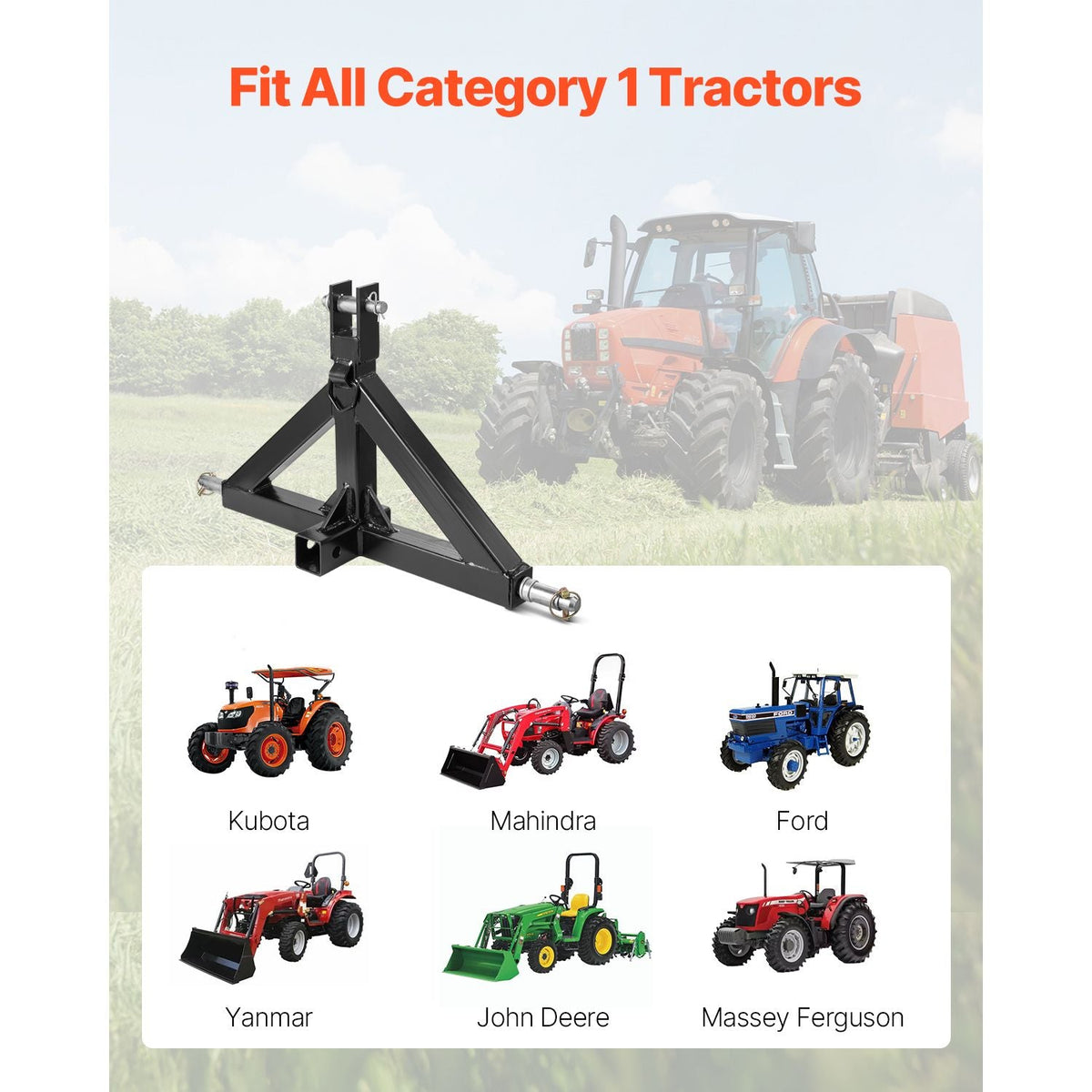 3 Point Hitch Receiver with 2 in Receiver, 3pt Quick Hitch Attachment, 3,000 lbs Capacity, Heavy Duty Tractor Tow Drawbar Adapter, Compatible with Kubota, Mahindra, John Deere, Massey Ferguson