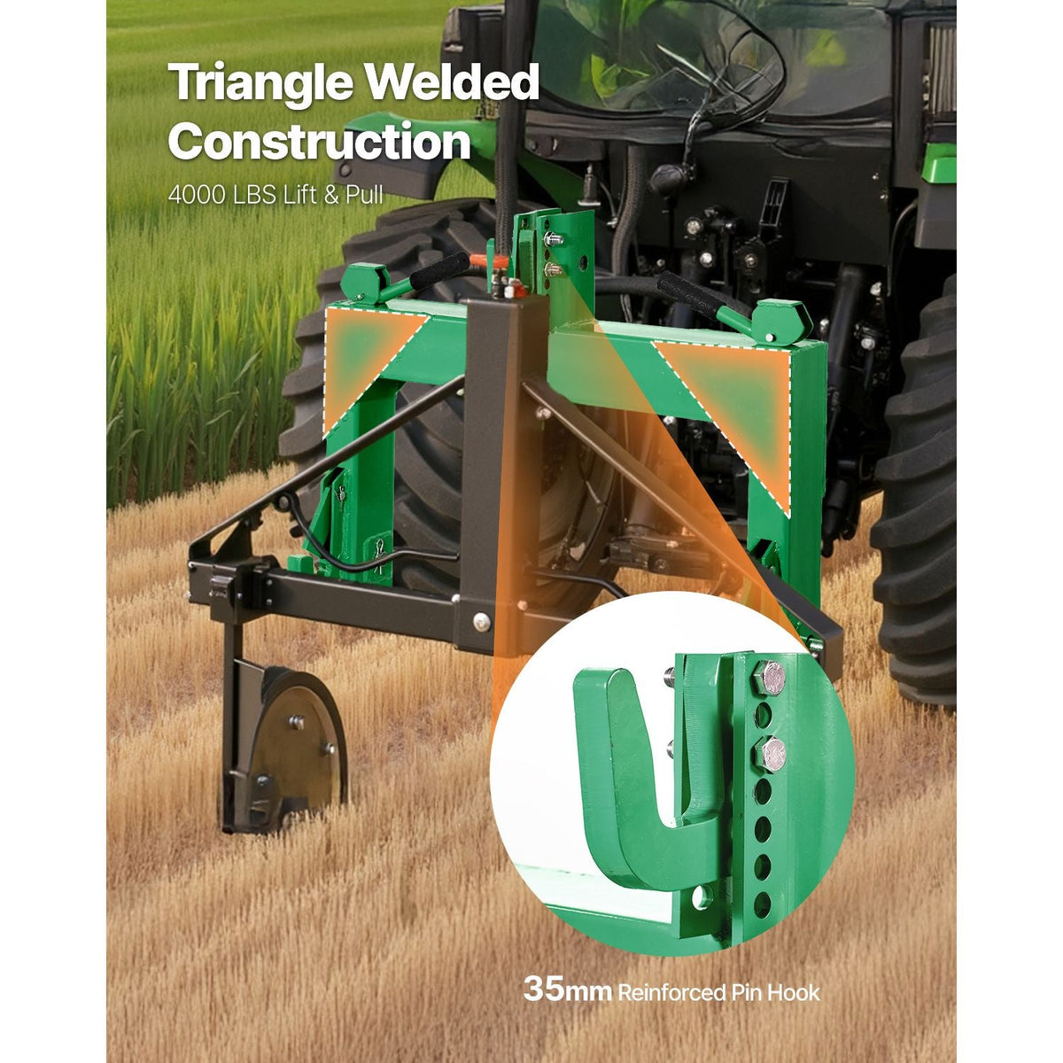 3-Point Quick Hitch, 4000 Lbs Lift Capacity, 3-Pt Trailer Hitch with 5 Level Adjustable Bolt, Adaptation to Category 2 Tractor, Heavy Duty 3 Point Attachments, Green
