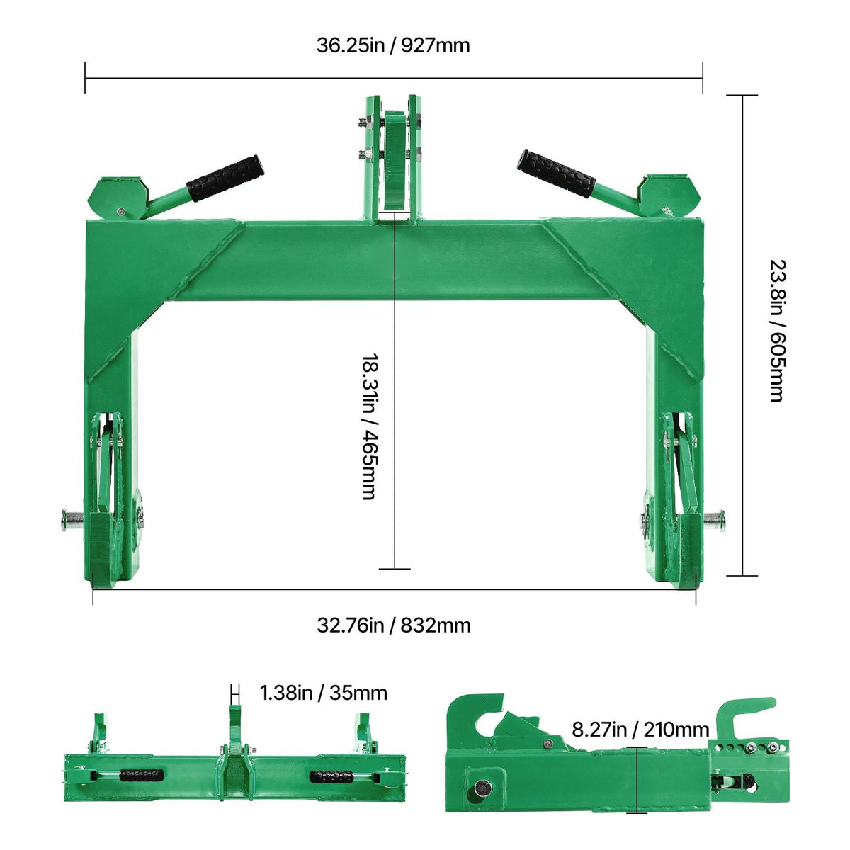 3-Point Quick Hitch, 4000 Lbs Lift Capacity, 3-Pt Trailer Hitch with 5 Level Adjustable Bolt, Adaptation to Category 2 Tractor, Heavy Duty 3 Point Attachments, Green
