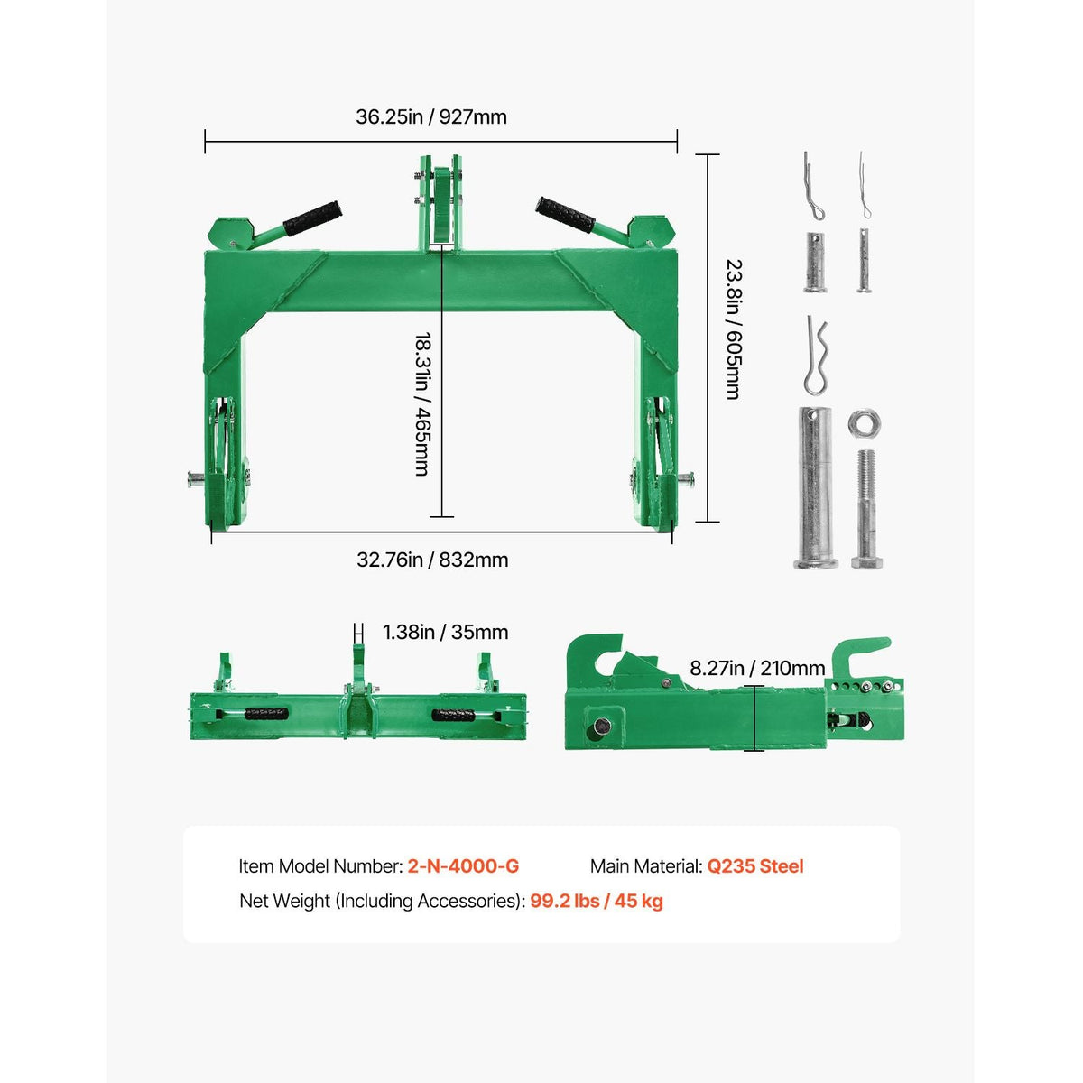 3-Point Quick Hitch, 4000 Lbs Lift Capacity, 3-Pt Trailer Hitch with 5 Level Adjustable Bolt, Adaptation to Category 2 Tractor, Heavy Duty 3 Point Attachments, Green