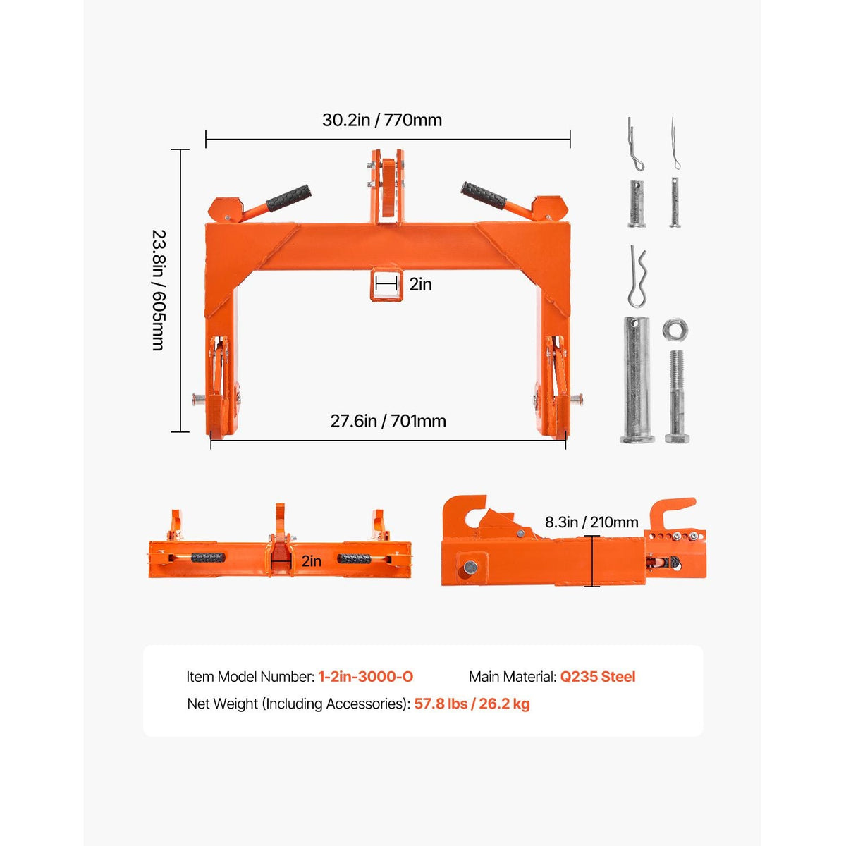 3-Point Quick Hitch with 2 in Receiver, 3000 Lbs Lift Capacity, 3-Pt Hitch with 5 Level Adjustable Bolt, Adaptation to Category 1 & 2 Tractor, Heavy Duty 3 Point Attachments, Orange