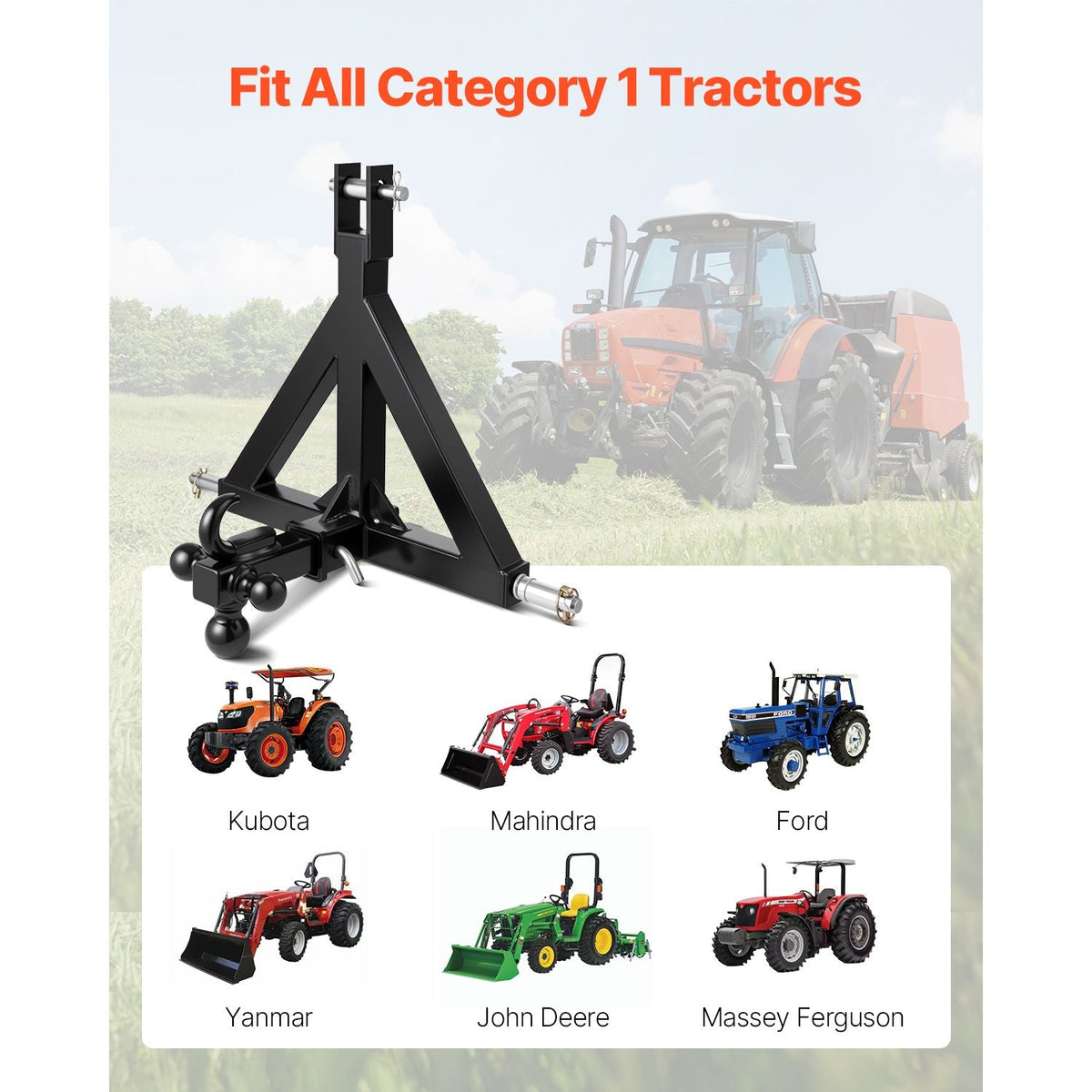 3 Point Trailer Hitch 2 in Receiver, 3pt Quick Hitch Attachment with 3 Trailer Balls, Tractor Tow Drawbar Adapter, Compatible with Kubota, Mahindra, Ford, Yanmar, John Deere, Massey Ferguson
