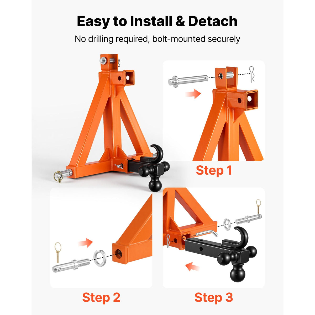3 Point Trailer Hitch with 2" Receiver, 3 Pt Quick Hitch with 3 Trailer Balls, Tractor Tow Drawbar Adapter for Category 1, Kubota, Mahindra, Ford, Yanmar, John Deere, Massey Ferguson, Orange