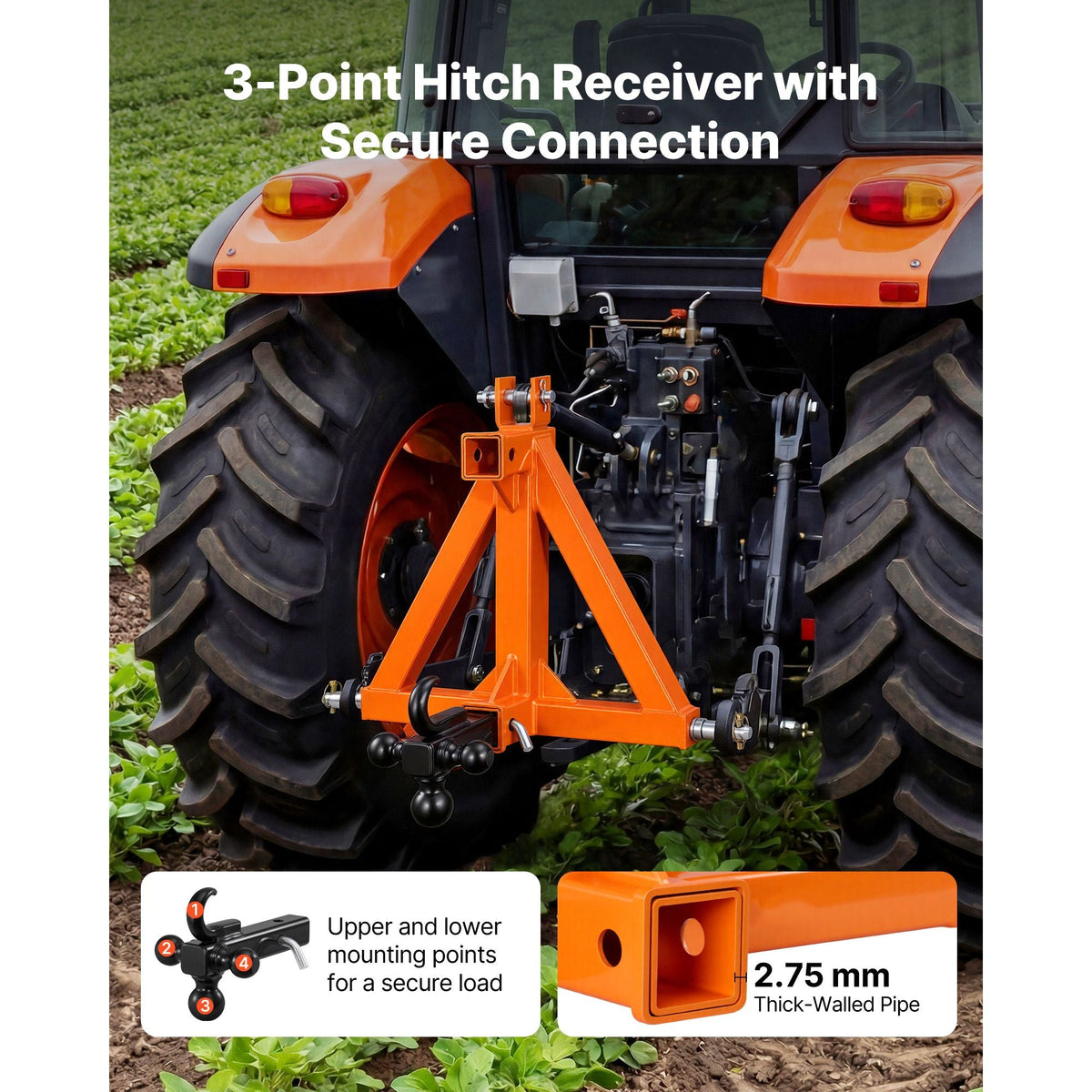 3 Point Trailer Hitch with 2" Receiver, 3 Pt Quick Hitch with 3 Trailer Balls, Tractor Tow Drawbar Adapter for Category 1, Kubota, Mahindra, Ford, Yanmar, John Deere, Massey Ferguson, Orange
