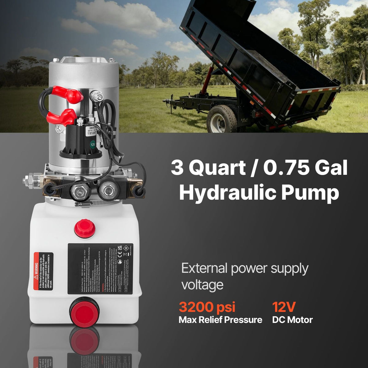 3 Quart Hydraulic Power Unit, Double Acting Dump Trailer Pump, 3200 PSI Max Relief Pressure & 0.91 GPM Flow Rate, DC 12V Hydraulic Pump with Metal Reservoir for Dump Trailer Car Lifting