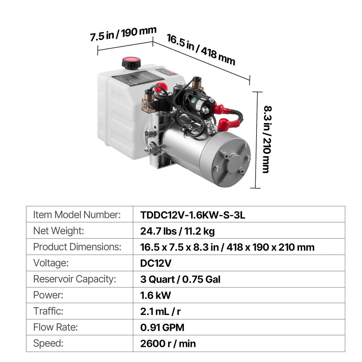 3 Quart Hydraulic Power Unit, Double Acting Dump Trailer Pump, 3200 PSI Max Relief Pressure & 0.91 GPM Flow Rate, DC 12V Hydraulic Pump with Metal Reservoir for Dump Trailer Car Lifting