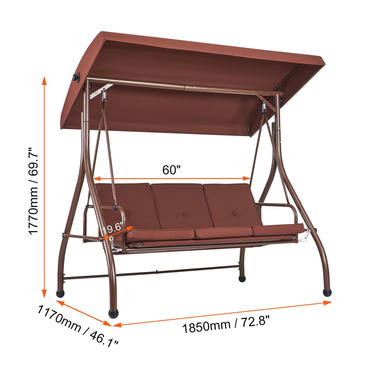 3-Seat Patio Swing Chair, Converting Canopy Swing, Outdoor Patio Porch with Adjustable Canopy, Removable Thick Cushion and Alloy Steel Frame, for Balcony, Backyard, Poolside, Brown