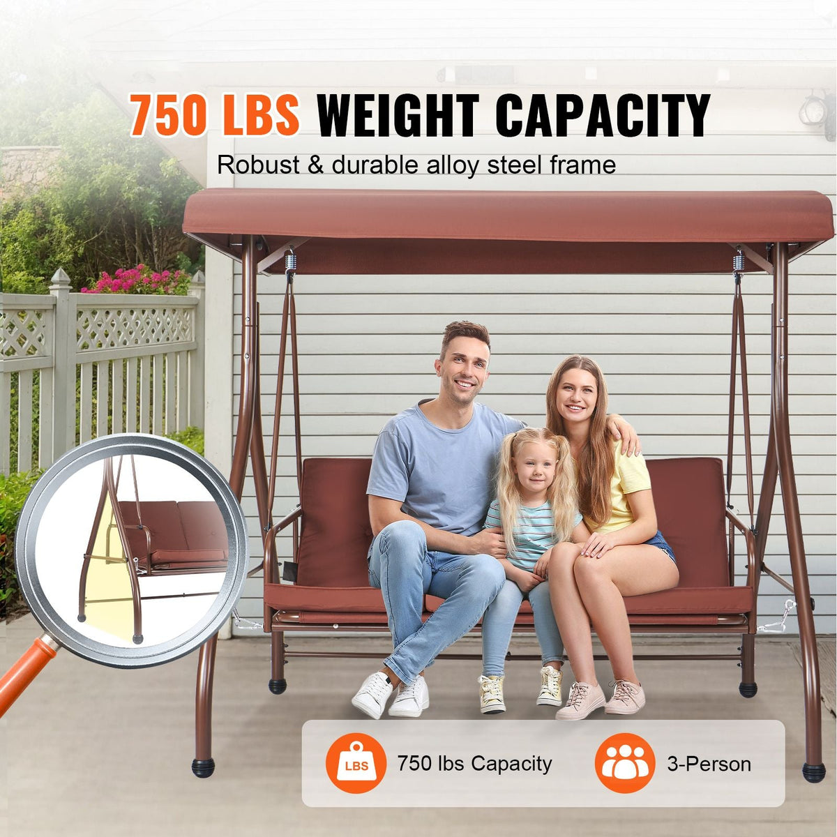 3-Seat Patio Swing Chair, Converting Canopy Swing, Outdoor Patio Porch with Adjustable Canopy, Removable Thick Cushion and Alloy Steel Frame, for Balcony, Backyard, Poolside, Brown