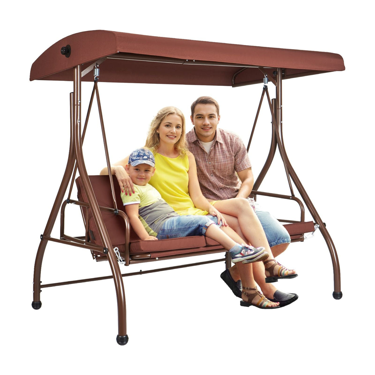 3-Seat Patio Swing Chair, Converting Canopy Swing, Outdoor Patio Porch with Adjustable Canopy, Removable Thick Cushion and Alloy Steel Frame, for Balcony, Backyard, Poolside, Brown
