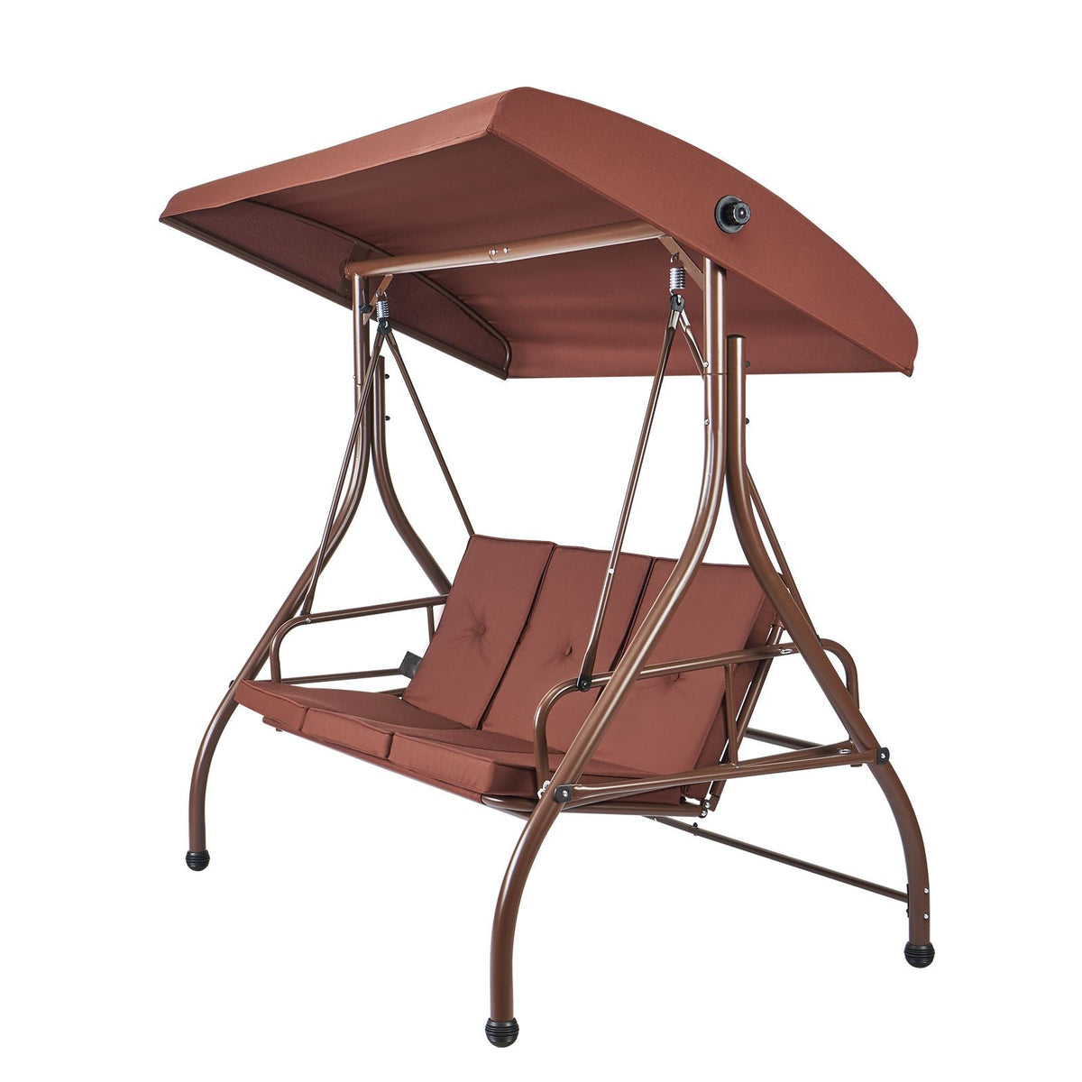 3-Seat Patio Swing Chair, Converting Canopy Swing, Outdoor Patio Porch with Adjustable Canopy, Removable Thick Cushion and Alloy Steel Frame, for Balcony, Backyard, Poolside, Brown