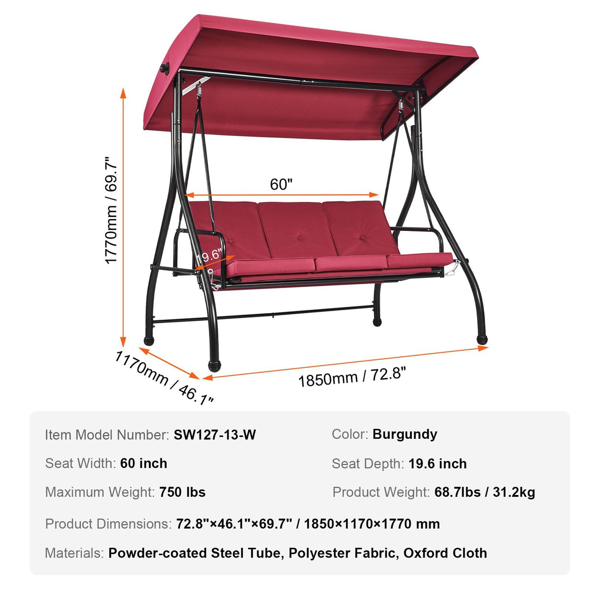 3-Seat Patio Swing Chair, Converting Canopy Swing, Outdoor Patio Porch with Adjustable Canopy, Removable Thick Cushion and Alloy Steel Frame, for Balcony, Backyard, Poolside, Burgundy