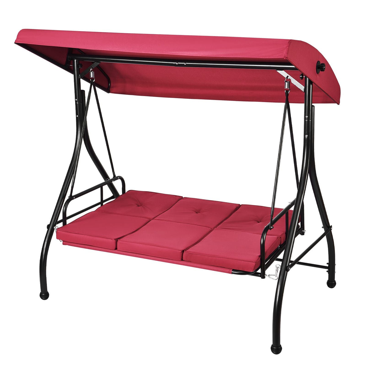 3-Seat Patio Swing Chair, Converting Canopy Swing, Outdoor Patio Porch with Adjustable Canopy, Removable Thick Cushion and Alloy Steel Frame, for Balcony, Backyard, Poolside, Burgundy