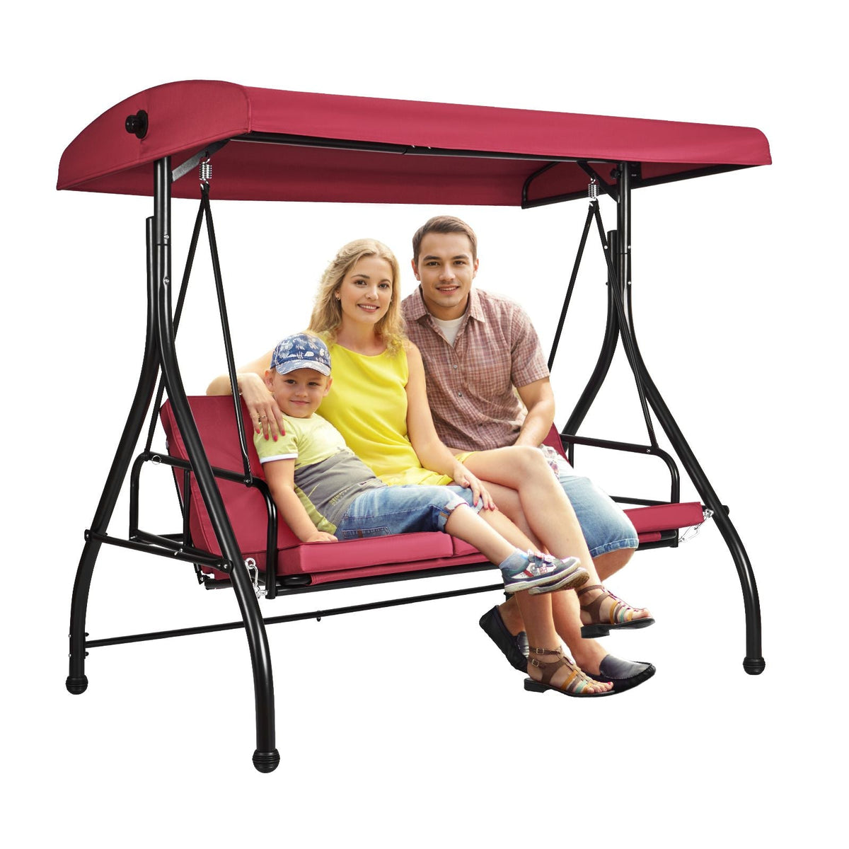 3-Seat Patio Swing Chair, Converting Canopy Swing, Outdoor Patio Porch with Adjustable Canopy, Removable Thick Cushion and Alloy Steel Frame, for Balcony, Backyard, Poolside, Burgundy