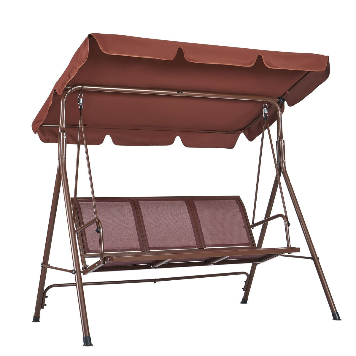 3-Seat Patio Swing Chair, Outdoor Patio Swing with Adjustable Canopy, Porch Swing with Armrests, Teslin Fabric and Alloy Steel Frame, for Balcony, Backyard, Patio, Garden, Poolside, Brown