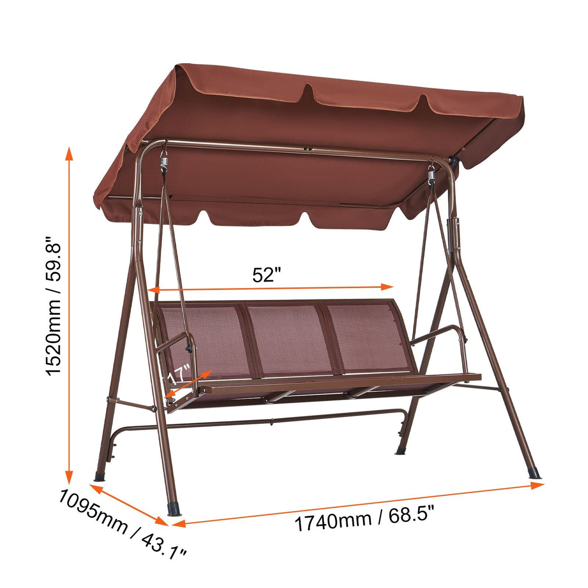 3-Seat Patio Swing Chair, Outdoor Patio Swing with Adjustable Canopy, Porch Swing with Armrests, Teslin Fabric and Alloy Steel Frame, for Balcony, Backyard, Patio, Garden, Poolside, Brown