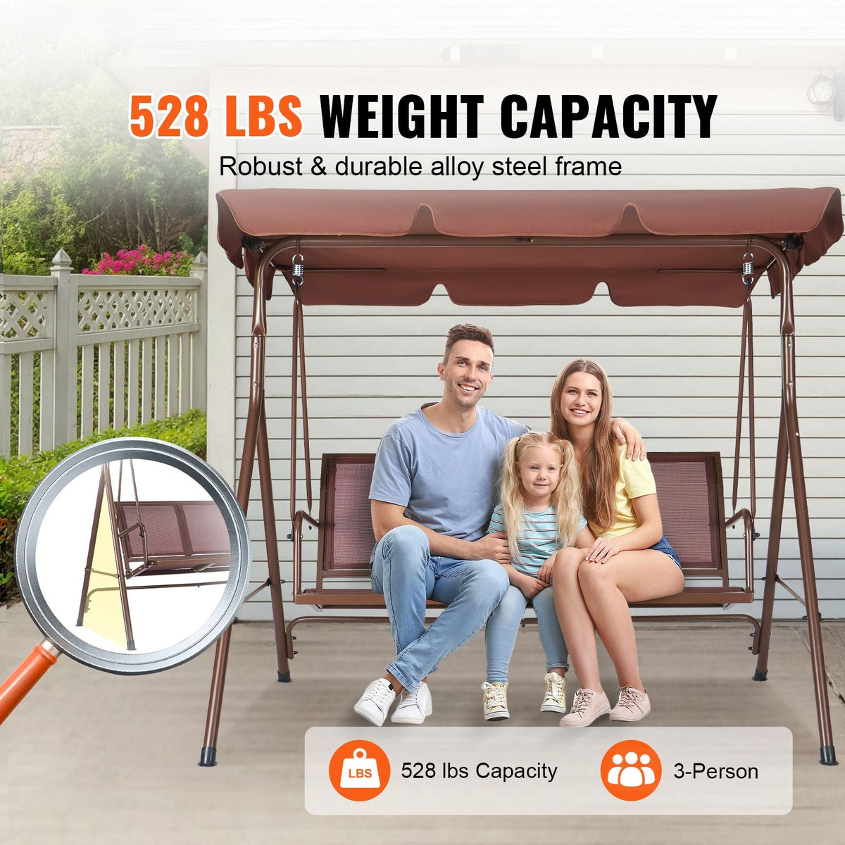 3-Seat Patio Swing Chair, Outdoor Patio Swing with Adjustable Canopy, Porch Swing with Armrests, Teslin Fabric and Alloy Steel Frame, for Balcony, Backyard, Patio, Garden, Poolside, Brown