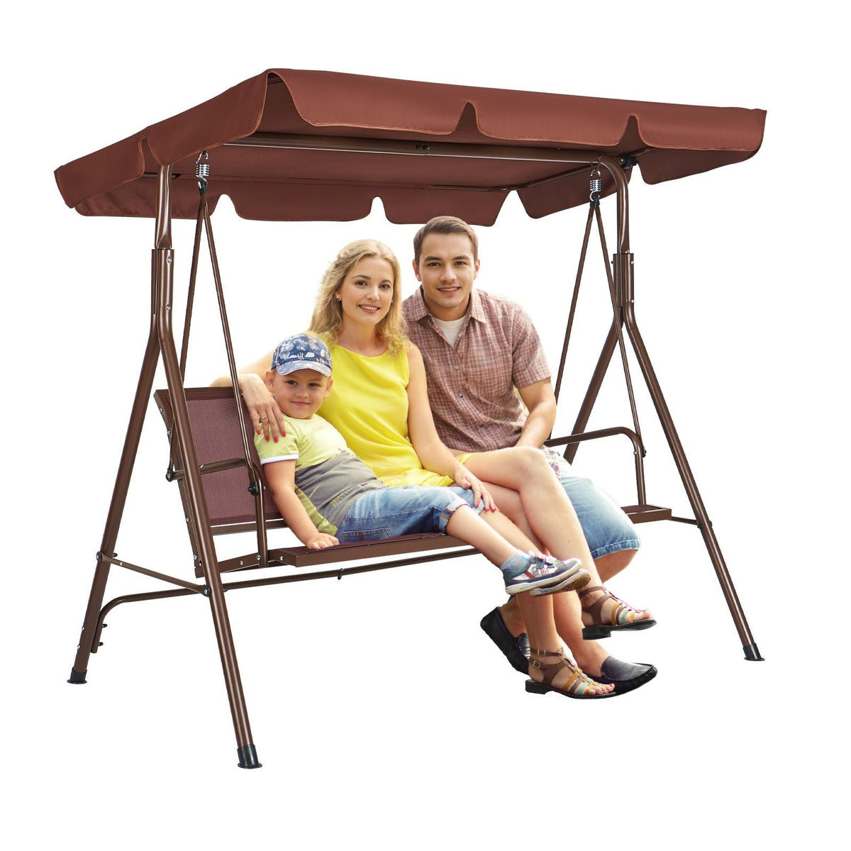 3-Seat Patio Swing Chair, Outdoor Patio Swing with Adjustable Canopy, Porch Swing with Armrests, Teslin Fabric and Alloy Steel Frame, for Balcony, Backyard, Patio, Garden, Poolside, Brown