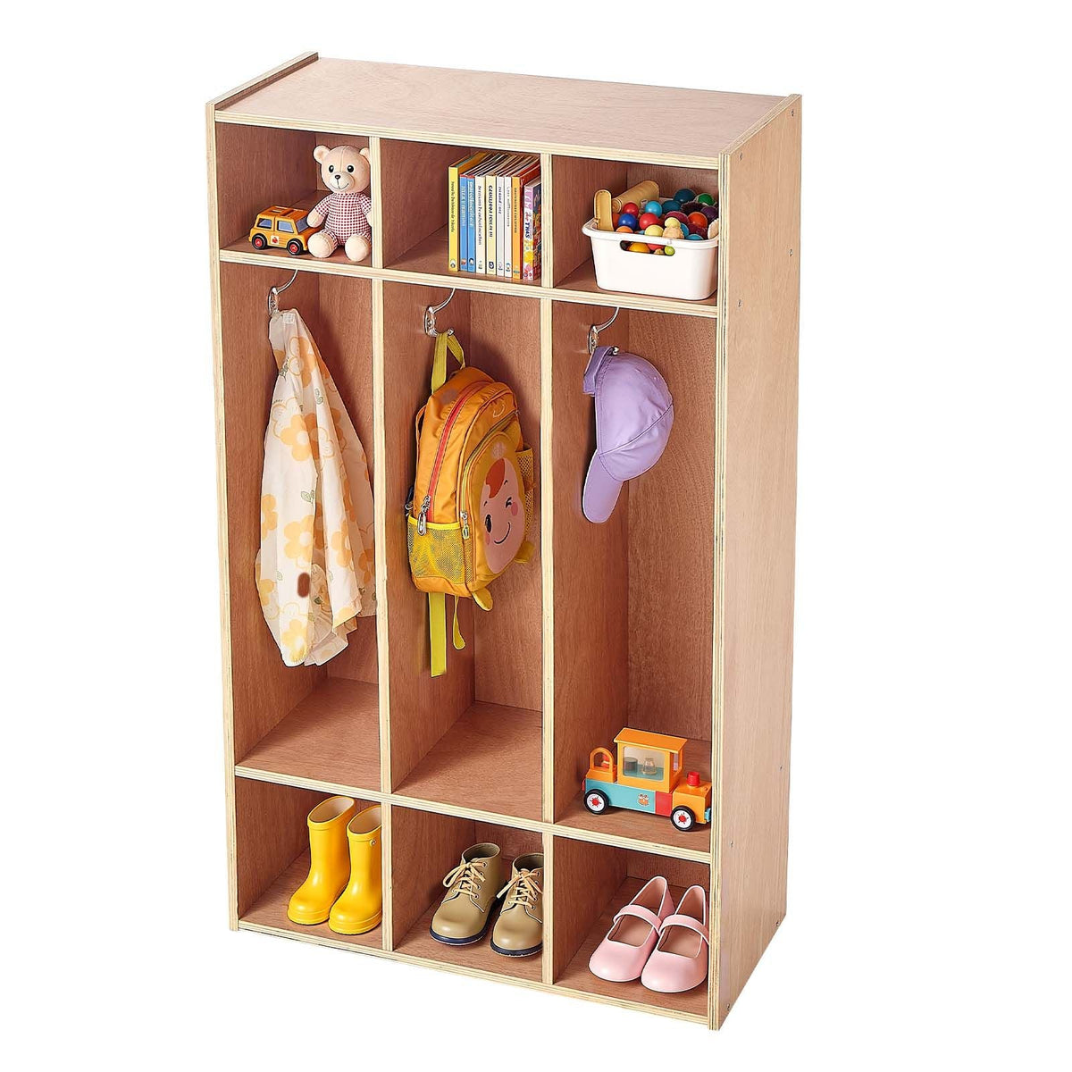 3-Section Kids Coat Locker, Wooden Toddler Cubby Storage Organizer with 6 Hooks & Non-Slip Mat, Modern Kid Coat Cubbies with 6 Small Open Storage Boxes for Home, Kindergarten, Daycare, Natural